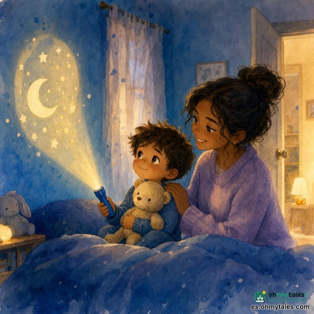 Un niño de 4 años de rostro redondo, pelo castaño alborotado y ojos grandes y húmedos, expresión tranquila y algo tímida, sostiene un peluche beige contra el pecho y una pequeña linterna azul que proyecta un haz dorado en la pared; a su derecha, la madre de unos 30 años, con el pelo recogido en un moño suelto, sonriente y serena, sentada al borde de la cama con la mano en su hombro mirando la linterna, viste un suéter lavanda; la habitación nocturna tiene pared azul pálido, una manta azul marino y una ventana con cortina semiabierta que deja pasar un brillo cálido, y una puerta entreabierta con una luz amarilla en el pasillo; escena íntima del niño en la cama con la linterna dibujando formas redondas y una luna en la pared, sombras suaves y largas, toques de salpicado que sugieren la noche y el calor de la lámpara, estilo acuarela con paleta de azules, amarillos cálidos y toques de lavanda, trazos delicados y contornos ligeramente difusos.