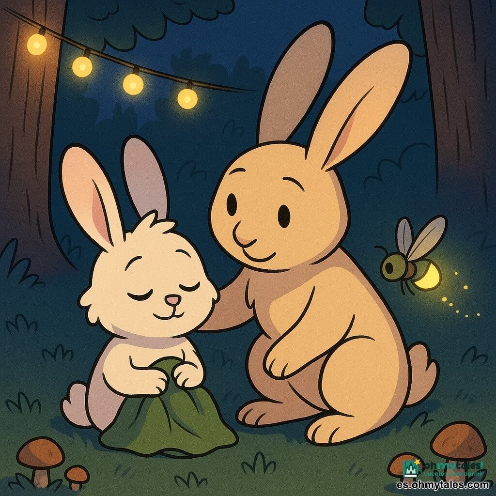 Lila, una pequeña conejita blanca de pelaje esponjoso y orejas rosas, está sentada, tranquila y soñadora, con los ojos entrecerrados y una pequeña sonrisa, sosteniendo una manta verde de musgo sobre las rodillas; Mamá Coneja, más grande y de pelaje crema, agachada junto a ella con una pata en su hombro y mirada tierna; una luciérnaga amarilla-verdosa vuela delante dejando una estela luminosa; todo ocurre en un claro nocturno de bosque con hierba mullida, pequeños hongos, troncos texturados y una guirnalda de luciérnagas que ilumina en tonos cálidos y azulados: preparan la hora de dormir en una escena serena que transmite calma y seguridad.