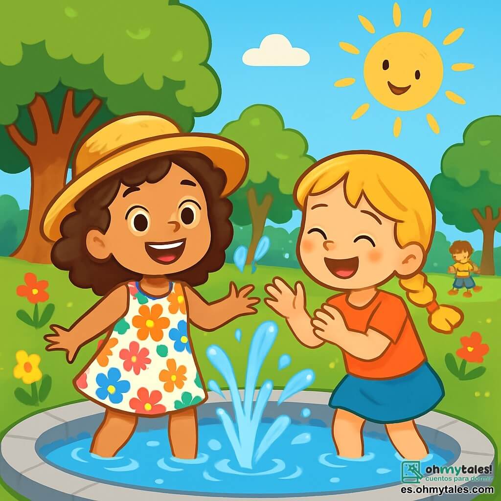 Una niña de 6 años, Marina, con cabello castaño y rizado, lleva un bonito sombrero de paja y un vestido de flores coloridas. Son rostro muestra una gran sonrisa y sus ojos brillan de emoción mientras juega en una fuente en un parque soleado. Junto a ella, su mejor amiga Clara, también de 6 años y con cabello rubio trenzado, ríe salpicando agua con sus manos. El parque está lleno de vegetación, con árboles majestuosos, flores de colores vivos y niños jugando. La escena es animada, con risas y salpicaduras de agua que crean una atmósfera alegre y veraniega. Marina y Clara se divierten juntas, corriendo y riendo, mientras el sol brilla en el cielo azul, creando un ambiente de felicidad y amistad.