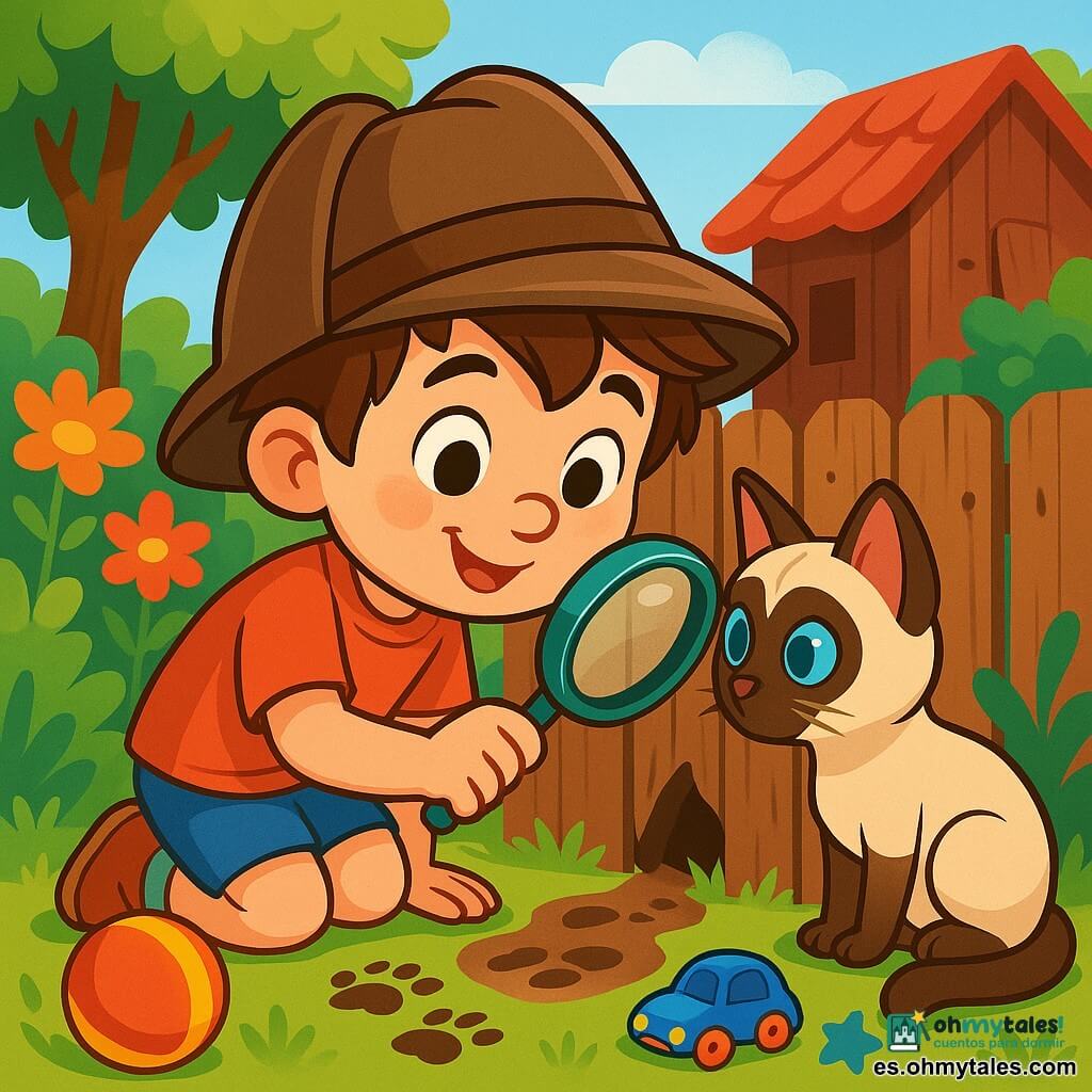 Un niño de 6 años, llamado Pablo, con cabello castaño desordenado y ojos brillantes de curiosidad, lleva un sombrero de detective demasiado grande para él. Tiene una sonrisa decidida en su rostro y sostiene una lupa en su mano pequeña. A su lado, su fiel amiga, Lola, una gata siamesa de pelaje crema y ojos azul brillante, observa atentamente un pequeño agujero en la cerca, lista para ayudarlo en su investigación. El escenario es un jardín exuberante, lleno de flores coloridas, árboles frondosos y un viejo cobertizo de madera, ligeramente inclinado, que parece esconder secretos. Al fondo, un cielo azul claro ilumina la escena, añadiendo un toque de magia. La situación principal muestra a Pablo y Lola, intrigados, inclinándose sobre el agujero en la cerca, descubriendo huellas en la tierra suelta, mientras juguetes coloridos están esparcidos a su alrededor, evidenciando un misterio por resolver.