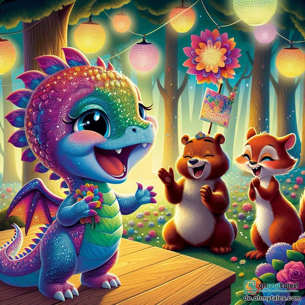 Ein kleiner, bunter Drache mit schimmernden Schuppen in Rosa-, Blau- und Grüntönen steht auf einer Holzbühne und strahlt Freude und Stolz aus. Seine großen, funkelnden Augen zeigen Begeisterung, während er sich an eine Gruppe von Tieren wendet. Neben ihm applaudiert ein kräftiger, brauner Bär mit einem warmen Lächeln und leuchtenden Augen, während er ein großes, mit Blumen geschmücktes Plakat hält. Weiter weg springen zwei rötliche Eichhörnchen, Max und Mia, vor Freude, ihre Gesichter erleuchtet von Aufregung, während sie eine große, bunte Blume halten, die sie dem Drachen gerade geschenkt haben. Die Szene spielt in einer verzauberten Lichtung des Glitzerwaldes, umgeben von majestätischen Bäumen mit glitzernden Blättern, unter einem sternenklaren Himmel, wo bunte Laternen sanft schweben und eine festliche, magische Atmosphäre schaffen. Der Drache feiert mit seinen Freunden Gleichheit und Akzeptanz und teilt einen Moment des Glücks und der Einheit mit allen Tieren des Waldes, was die Bedeutung unterstreicht, seine Leidenschaften voll auszuleben und Unterschiede zu akzeptieren.