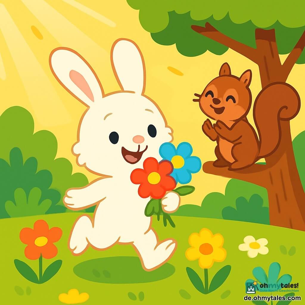 Lilli, ein kleiner Hase mit großen Ohren und flauschigem weißem Fell, hüpft fröhlich in einem sonnigen Garten mit einem breiten Lächeln im Gesicht. Sie hält in ihren Pfoten bunte Blumen, strahlend in Gelb, Rot und Blau, bereit, sie ihrer Mama zu schenken. Neben ihr sitzt Oskar, ein frecher Eichhörnchen mit braunem Fell und buschigem Schwanz, der auf einem Ast sitzt. Er schaut Lilli mit funkelnden Augen voller Freude an und applaudiert begeistert. Der Garten ist voller lebendiger Blumen, weichem grünen Gras und einem flauschigen Moosteppich, auf dem Lilli und Oskar stehen. Sonnenstrahlen filtern durch die Blätter der Bäume und schaffen eine warme und einladende Atmosphäre. Die Szene zeigt Lilli und Oskar, die eine Überraschung zum Muttertag vorbereiten, umgeben von der Schönheit des blühenden Gartens.