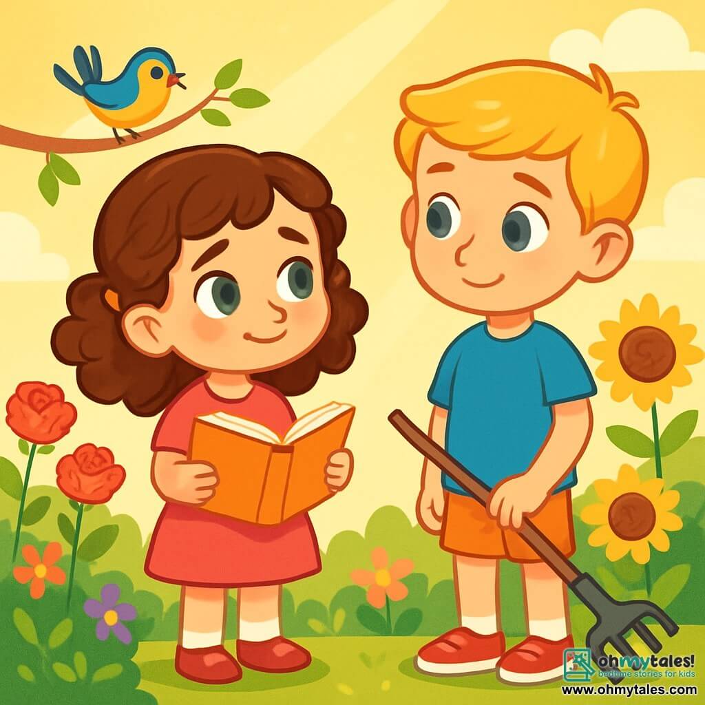 A 6-year-old girl named Lily, with curly brown hair and sparkling green eyes, stands in a sunny garden. She has a shy yet determined smile, holding an open book in her hands. Next to her, her 8-year-old brother, with blonde hair and blue eyes, looks at Lily with an understanding expression, holding a broken rake. The garden is filled with colorful flowers, including red roses and yellow sunflowers gently swaying in the wind. A small blue and yellow bird sings on a nearby branch, adding a touch of magic to the scene. Lily stands in front of her brother, admitting that she accidentally broke his rake. The atmosphere is soft and warm, filled with golden light as they share a moment of understanding and honesty.