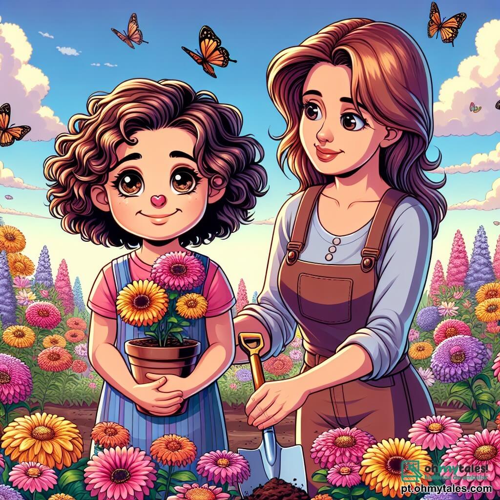Uma menina de 10 anos, Sofia, com cabelos cacheados e um sorriso tímido, está no meio de um jardim vibrante de cores. Seus olhos brilham com uma suave melancolia enquanto ela planta flores de pétalas brilhantes, simbolizando as memórias de seu avô. Ao lado dela, sua mãe, uma mulher de cerca de 35 anos, com cabelos castanhos e um rosto suave, a encoraja com um olhar reconfortante, segurando uma pá nas mãos. O jardim está repleto de flores de todas as cores: rosas, amarelas e violetas, com borboletas voando ao redor, criando uma atmosfera pacífica e alegre. O céu é de um azul radiante, salpicado de algumas nuvens brancas e fofas. Sofia e sua mãe trabalham juntas, plantando flores em memória do avô de Sofia, em um momento de ternura e lembrança compartilhada.