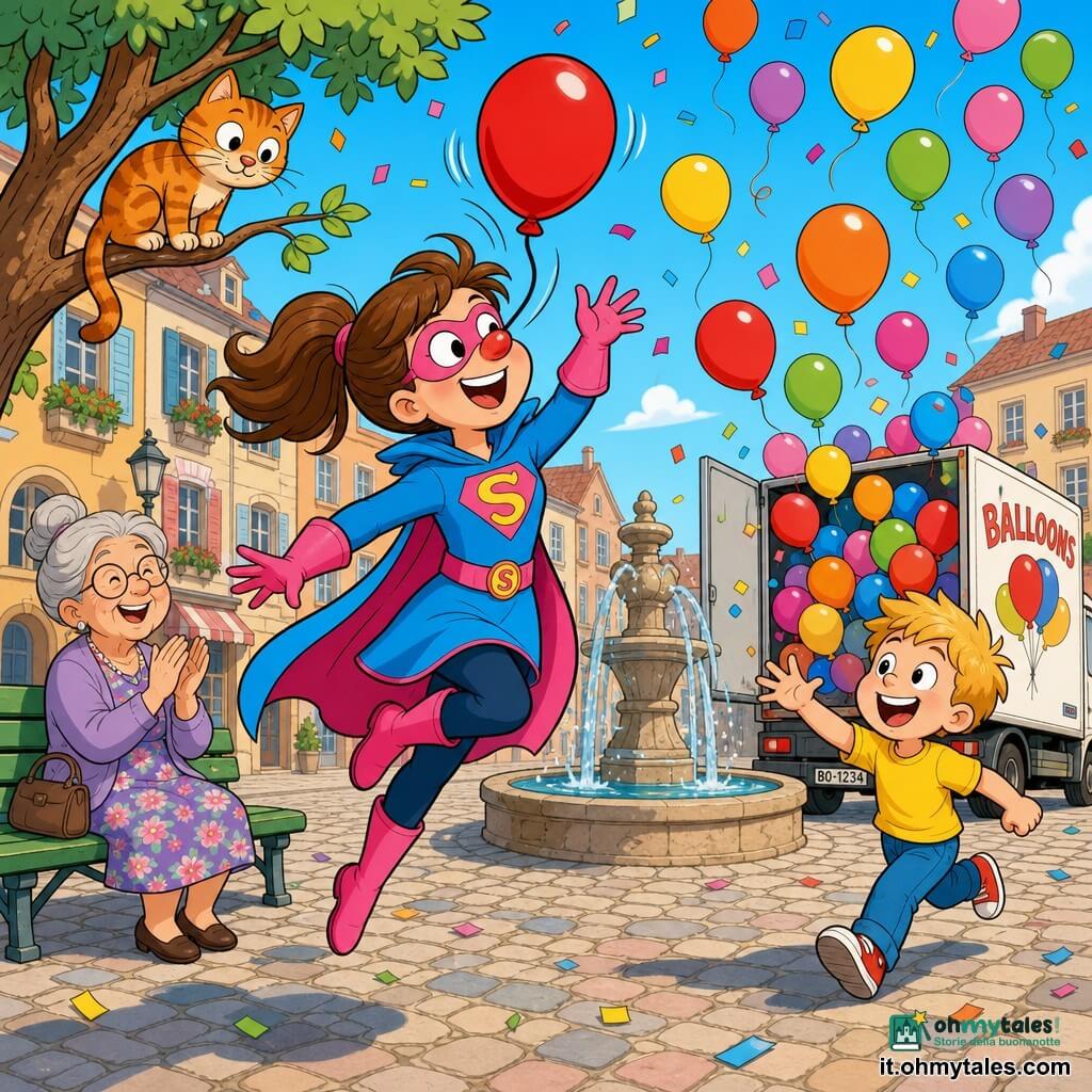 Una supereroina sorridente e energica con coda di cavallo castana, mantello blu vivo e maschera rosa salta per afferrare una nuvola di palloncini rossi e multicolori che scappano da un camion, uno le rimbalza sul naso; alla sua destra un bimbo di circa 4 anni biondo con maglietta gialla corre ridendo verso di lei, sullo sfondo a sinistra una donna anziana coi capelli grigi raccolti applaude seduta su una panchina, un gatto arancione a strisce è su un ramo basso a osservare, strada acciottolata con case pastello e una fontana tonda che zampilla, coriandoli e sorrisi ovunque; stile grafico chiaro, linee nette, colori saturi, volti ed espressioni esagerati e forme arrotondate, atmosfera gioiosa e rassicurante.