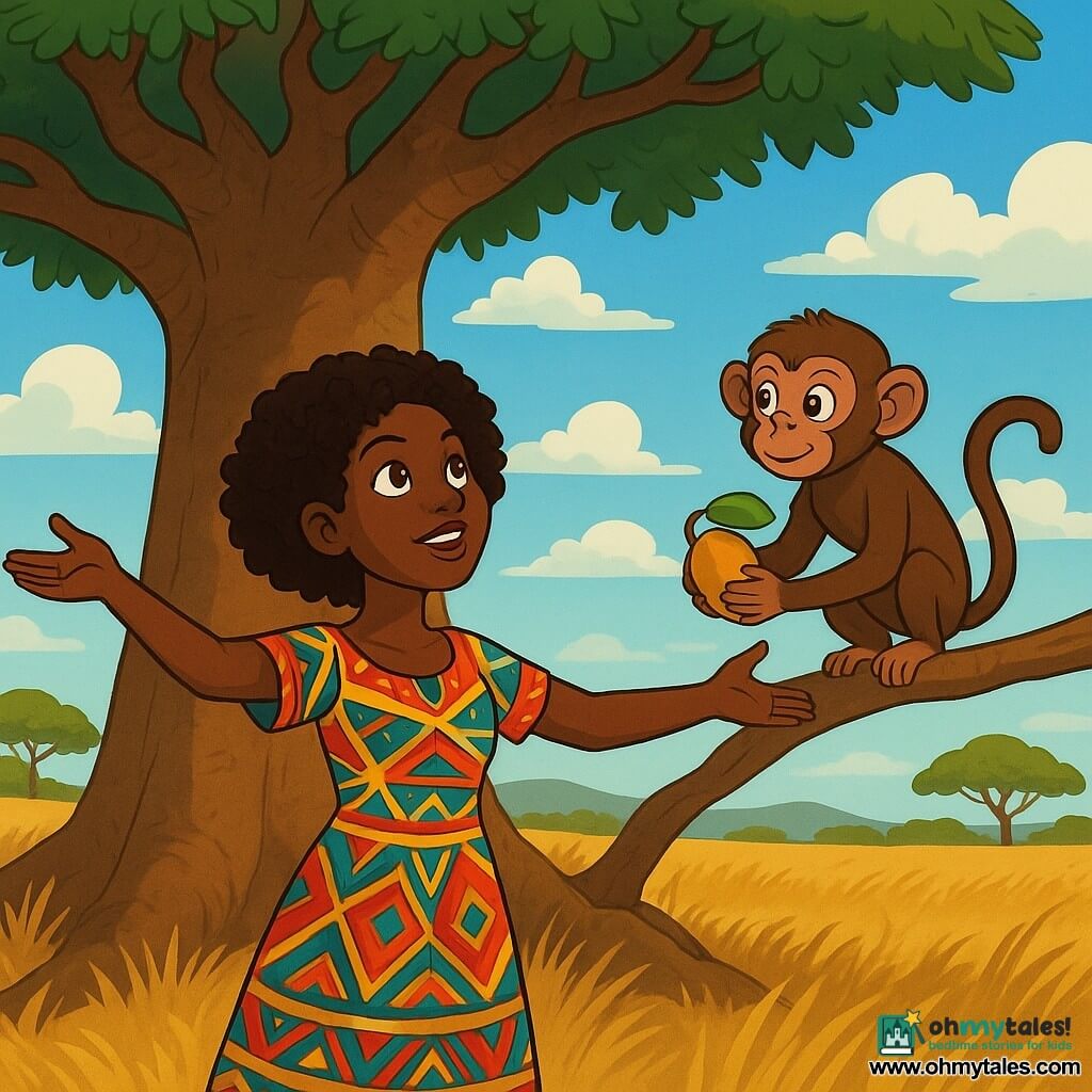 Aïssatou, a young woman with shiny, curly hair, wears a colorful dress with vibrant African patterns. Her face radiates determination and wonder as she stands under a large baobab tree, arms open, ready to listen to the wise words of the tree. Beside her, a playful monkey, about 5 years old, with sparkling eyes and brown fur, climbs on a low branch, holding a juicy mango in its small paws. The setting is a golden savannah, bathed in morning light, with tall grasses gently swaying in the wind and a bright blue sky dotted with fluffy clouds. The main scene shows Aïssatou listening attentively to the baobab, which speaks to her about her quest to find the Night Lion, while the curious monkey tilts its head, as if eagerly awaiting the adventure ahead.