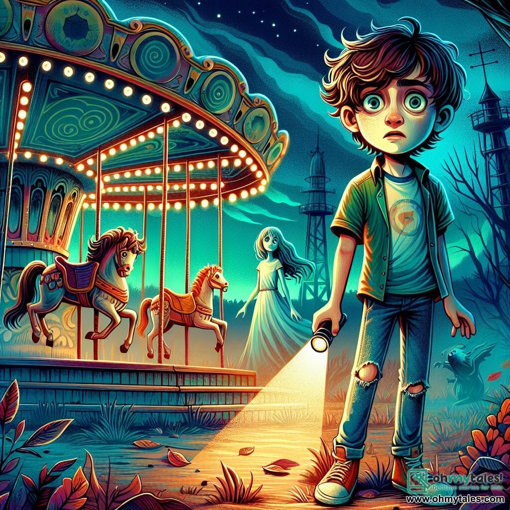 A 12-year-old boy, Max, with messy brown hair and wide eyes, stands at the center of the image, his face marked by a mix of curiosity and apprehension. He wears a blue t-shirt and torn jeans, holding a flashlight that faintly illuminates the path ahead. Beside him is a ghostly girl of about 12, in a flowing white dress with long wavy hair, smiling sadly as she points the way to the carousel. The setting is an abandoned amusement park, with rusty rides, dilapidated game stalls, and scattered dead leaves. The sky is dark, filled with ominous clouds, creating a mysterious and slightly unsettling atmosphere. The main scene shows Max standing in front of an old carousel, its horses frozen in dynamic poses, while a light breeze stirs the leaves around him. The light from his flashlight illuminates the face of the nearest horse, which appears almost alive, adding a touch of magic to this eerie scene.