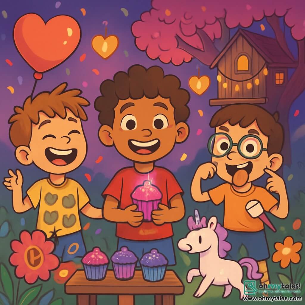 There are three characters: Max, a 9-year-old boy with curly hair and a big smile, wearing a red t-shirt with a dragon and blue shorts, standing in the center holding a sparkling pink cupcake. Ollie, a 9-year-old boy with messy hair and a cat-patterned t-shirt, is to the left of Max, laughing and holding a heart-shaped balloon floating above his head. Jamie, a 9-year-old boy with glasses and striped socks, is to the right of Max, holding a marshmallow and making a funny face. The scene takes place in an enchanted garden filled with colorful singing flowers, with heart-shaped lanterns floating in the air, casting a soft warm light. In the background, a majestic tree with pink and red leaves houses a cabin decorated with shimmering garlands. The main situation shows the three friends celebrating a magical Valentine's Day party, surrounded by laughter and colorful confetti, with shiny-wrapped cupcakes on a table and a small glittery unicorn approaching them, adding a touch of magic to the event.