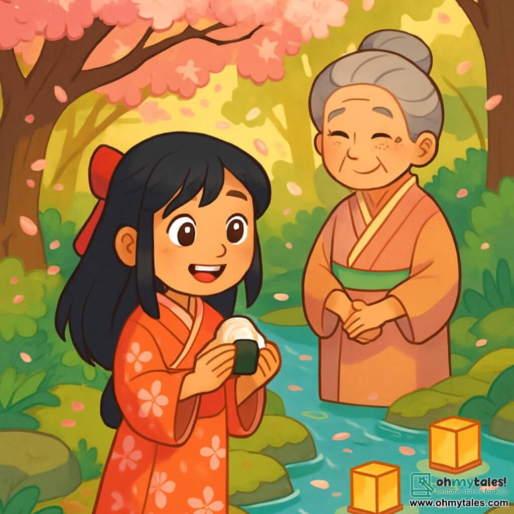 A young girl named Hana, around 10 years old, stands by a sparkling river, her eyes shining with curiosity and wonder. She has long black hair tied with a bright red ribbon and wears a traditional kimono with cherry blossom patterns. Hana holds a small rice ball in her hands, ready to make a wish. Next to her, an elderly woman, her grandmother, about 70 years old, watches with a kind smile. She has gray hair in a bun and wears a pastel-colored kimono, her eyes sparkling with wisdom. She stands slightly back, hands crossed over her belly, looking at Hana with pride. The setting is a lush Japanese forest, with cherry trees in bloom, their pink petals gently falling like snow. Sunlight filters through the leaves, creating golden patterns on the ground. The bright blue river winds between the rocks, and paper lanterns float softly on the water. Hana prepares to make a wish to the Spirit Koi, her heart racing with excitement and hope, as the light breeze makes the petals dance around her.