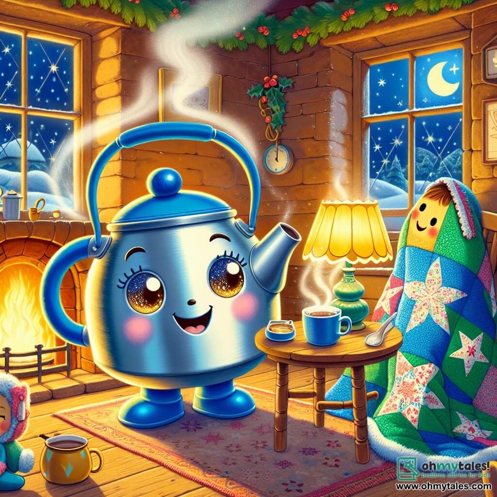 Kettleton, a small blue and silver kettle with a smiling face and sparkling eyes, stands at the center of the scene, emitting joyful steam while preparing a hot drink. Lumi, a golden lamp with a snowflake-shaped shade, softly shines to his right, illuminating the room with warm and welcoming light as she looks at Kettleton with admiration. Quilly, a colorful quilt featuring snowflake patterns, is draped over a chair to the left, her vibrant patches reflecting the magic of winter, and she smiles as she listens to the story Kettleton is telling. The setting is a charming cottage kitchen, with warm wooden walls, windows adorned with holly garlands, and a crackling fire in the fireplace, creating a cozy and festive atmosphere. The main scene shows Kettleton and his friends gathered around the table, surrounded by an atmosphere of joy and camaraderie, sharing winter stories while enjoying a delicious hot drink.