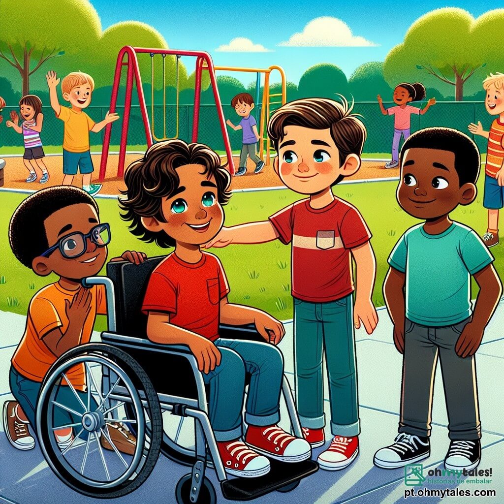 Em um pátio ensolarado da escola, quatro meninos de 9 anos estão juntos. Miguel, com cabelo castanho e cacheado, está na cadeira de rodas, sorrindo. Ao lado dele, Lucas, com cabelo loiro e curto, usa uma camiseta vermelha e acena amigavelmente. Pedro, de óculos e cabelo castanho, observa com uma expressão determinada, pronto para defender o amigo. Por fim, Tiago, com cabelo preto e liso, está um pouco afastado, com um olhar tímido, usando uma camiseta azul. O pátio está cheio de brinquedos coloridos, como balanços e um escorregador, cercado por árvores verdes. Crianças brincam e riem ao longe, enquanto um grupo de meninos mais velhos zomba de Tiago. A cena mostra Miguel e seus amigos se aproximando de Tiago para convidá-lo a jogar futebol, ilustrando um momento de solidariedade e amizade contra o bullying. As expressões em seus rostos transmitem determinação e bondade, enquanto o vibrante fundo do pátio destaca a importância da inclusão e do respeito.