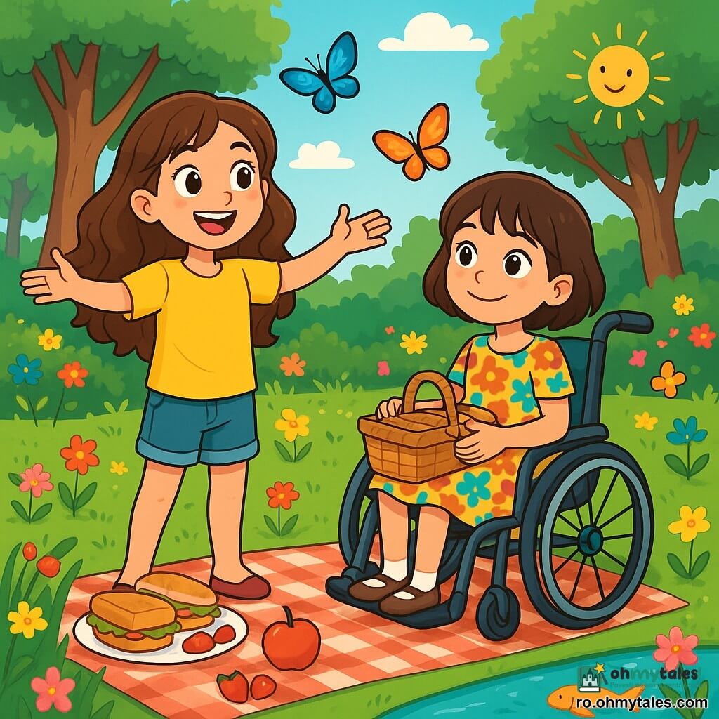 Există două personaje principale: Ana, o fetiță de 9 ani, cu părul lung și ondulat și ochi strălucitori de curiozitate, îmbrăcată într-un tricou galben și o pereche de pantaloni scurți din denim, stând în picioare cu brațele deschise și un zâmbet mare, și Maria, o fetiță de 9 ani, mereu zâmbitoare, așezată în scaunul ei cu rotile, cu părul scurt și brunet, purtând o rochie cu flori colorate și ținând un coș de picnic pe genunchi, observând cu uimire împrejurimile. Cele două prietene sunt lângă un iaz strălucitor, înconjurat de flori multicolore și copaci verzi. Fluturii dansează în jurul lor, iar un rază blândă de soare luminează scena. Ana și Maria stau pe o pătură cu carouri, savurând sandvișuri și fructe, admirând peștii aurii care înoată în apa limpede. Atmosfera este veselă și plină de magie, surprinzând spiritul de aventură și prietenie al celor două mici exploratoare.