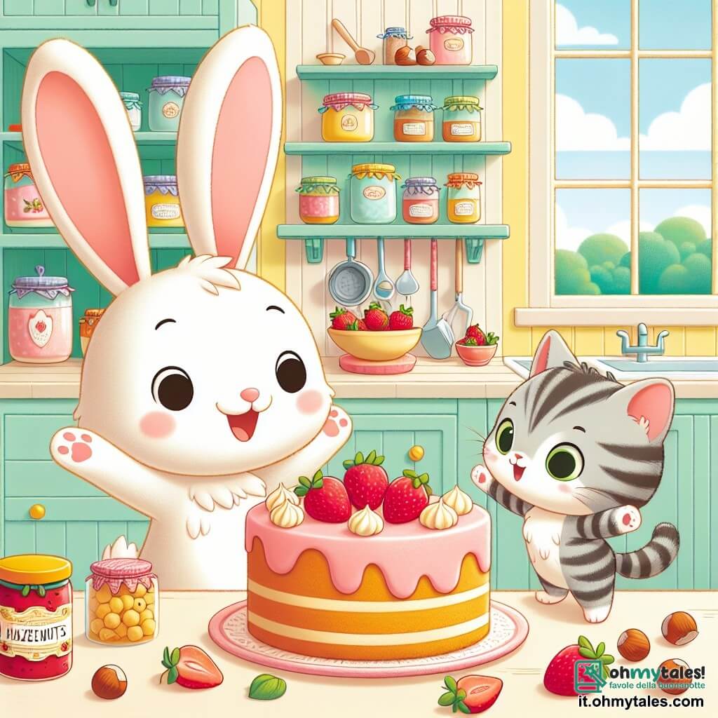 Benny, un coniglietto con grandi orecchie e pelliccia bianca, è in piedi in una cucina colorata, con un grande sorriso sul volto, mentre tiene un piatto di torta decorato con fragole e nocciole. Accanto a lui, Gatta, un gattino con occhi verdi e pelliccia tigrata, salta di gioia con le zampe in aria, guardando entusiasta la torta. La cucina è luminosa e accogliente, con pareti dipinte di giallo pastello, mensole piene di barattoli di marmellata e finestre che lasciano entrare la luce del sole. Sulla tavola, ingredienti sparsi come fragole fresche e nocciole aggiungono colore alla scena. Benny e Gatta stanno preparando una torta sorpresa per la festa del papà, pieni di eccitazione e amore, pronti a celebrare questo momento speciale con il papà di Benny.