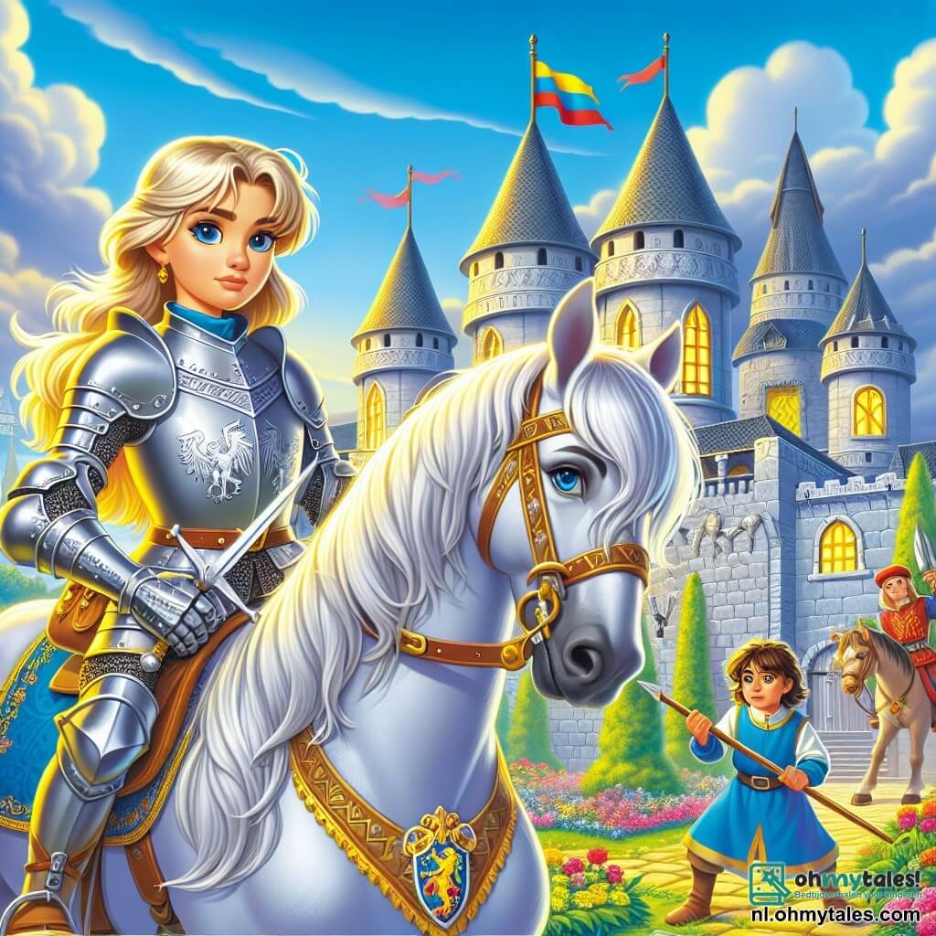 Een moedige ridster, Yara, staat trots voor het grote kasteel, haar glanzende harnas weerkaatst het zonlicht. Haar ogen stralen vastberadenheid uit en haar gezicht toont zowel moed als een lichte bezorgdheid. Ze houdt haar zwaard stevig vast, klaar om haar koninkrijk te verdedigen. Naast haar staat haar trouwe paard, Luna, een prachtig wit paard met zijdeachtige manen, dat zacht hinnikt om zijn meesteres aan te moedigen. Achter hen kijkt een 10-jarige schildknaap met krullend haar en een enthousiast gezicht vol bewondering toe, terwijl hij een houten lans vasthoudt. Het kasteel, imposant en oud, is omringd door hoge grijze stenen muren, met vlaggen die in de wind wapperen. Puntige torentjes rijzen omhoog naar de blauwe lucht, terwijl een bloeiende tuin zich vooraan uitstrekt en een vleugje levendige kleur toevoegt. De hoofdscene toont Yara die zich voorbereidt om de dreiging van een naderende draak het hoofd te bieden, haar schubben schitterend in de verte. De lucht is gespannen en de wind laat de bladeren van de bomen dansen, terwijl de zon begint onder te gaan en een gouden licht over de scène werpt.