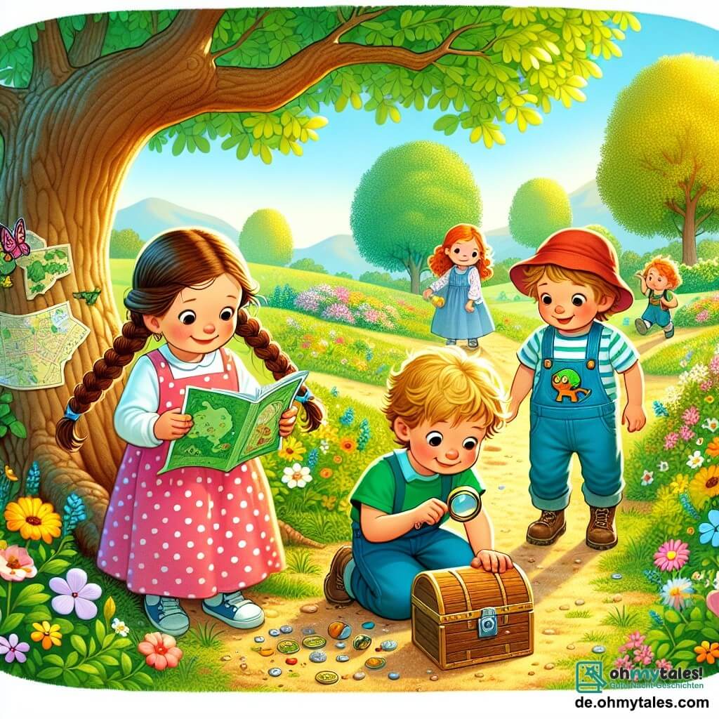 In einem kleinen sonnigen Park stehen vier Kinder zusammen, jedes mit einem Ausdruck der Aufregung im Gesicht. Mia (8 Jahre, Mädchen) hat lange braune Zöpfe und trägt ein rosa Kleid mit weißen Punkten. Sie schaut mit funkelnden Augen auf die Schatzkarte. Tom (8 Jahre, Junge) hat zerzauste blonde Haare und trägt ein blaues T-Shirt mit einem Dinosaurier. Er zeigt entschlossen auf eine alte Eiche. Leo (7 Jahre, Junge) hat braune Haare und trägt eine rote Mütze. Er kauert und untersucht den Boden mit einer Lupe, voller Neugier. Ella (7 Jahre, Mädchen) hat lockige Haare und trägt eine grüne Latzhose. Sie lächelt, während sie eine kleine Metallbox hält, die sie gerade entdeckt hat. Der Park ist grün mit großen Bäumen und bunten Blumen, die im Wind tanzen. Ein kleiner gewundener Weg führt zu einer majestätischen alten Eiche, unter der ein geheimnisvoller Schatz verborgen ist. Die Kinder sind auf Schatzsuche, konzentriert und begeistert, bereit zu entdecken, was der Tag für sie bereithält.