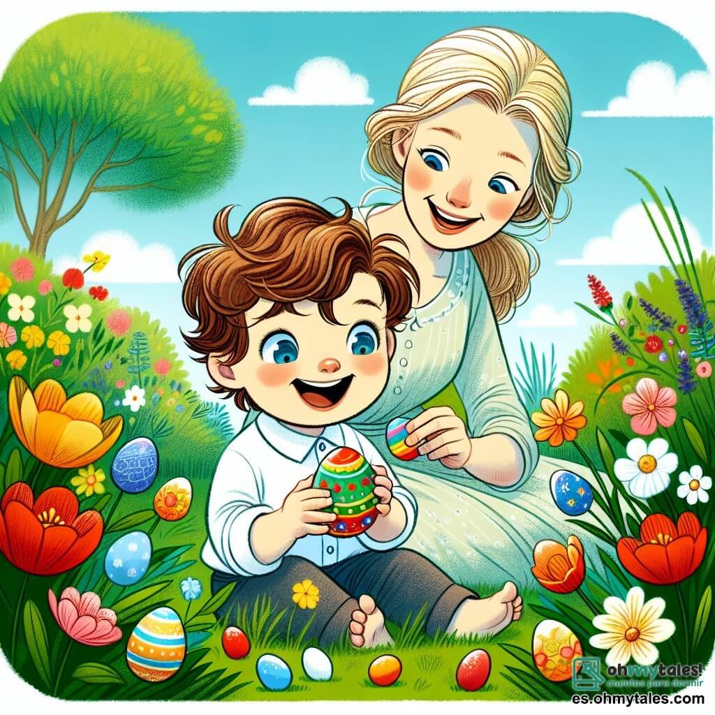 Un niño de 2 años, Lucas, con cabello castaño desordenado y grandes ojos llenos de curiosidad, está sentado en la hierba verde del jardín. Sonríe alegremente mientras sostiene un huevo de Pascua colorido en sus pequeñas manos. A su lado, su mamá, una mujer de unos 30 años con cabello largo y rubio, lleva un vestido ligero y lo mira con ternura. Ella está agachada, lista para ayudarlo a buscar otros huevos escondidos en el jardín. El jardín está lleno de flores brillantes de colores vivos: rojas, amarillas y azules, y un gran árbol con hojas verdes que bailan con el viento. El cielo es de un azul puro, salpicado de algunas nubes blancas y esponjosas. La escena principal muestra a Lucas, maravillado, descubriendo un huevo de Pascua escondido entre las flores, mientras su mamá lo anima con una cálida sonrisa.