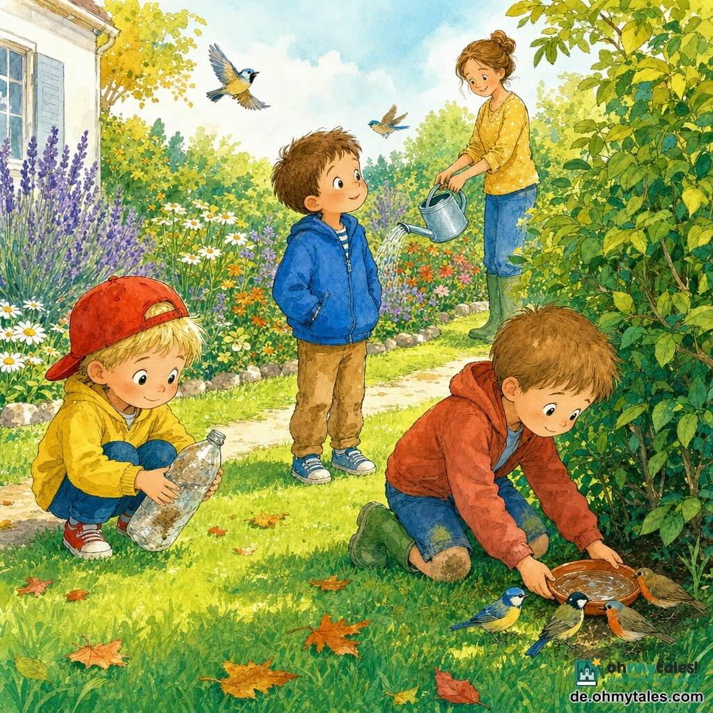 Drei 4-jährige Jungen: Ben, links, kleine rote Schirmmütze, blond, hockt und hält eine alte Plastikflasche; Emil, Mitte, blauer Mantel, braune Haare, steht bei der Mutter, die Blumen gießt, und schaut zu den Vögeln; Jonas, rechts, grüne Gummistiefel, Grasflecken an den Knien, kniet bei einem Busch und stellt eine kleine Schale Wasser auf. Ort: großer Garten mit kurzem grünen Rasen, bunten Blumen (Lavendel, Gänseblümchen), schattigem Busch mit glänzender Wasserschale, vereinzelten Herbstblättern, kleinem Erdweg, warmes Morgenlicht und hellblauer Himmel. Situation: die drei Jungen säubern den Garten und bieten den Vögeln Wasser an, drei kleine bunte Vögel trinken aus der Schale, die Kinder schauen glücklich und aufmerksam. Stil: feine Tuschelinien, leuchtende Aquarellfarben, weiche Ausdrücke, einfache klare Komposition für 4-Jährige.