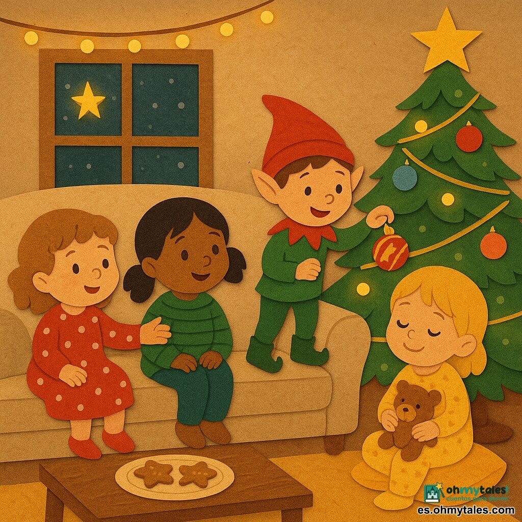 Cuatro personajes: Ana (2 años) cabello castaño claro rizado, vestido rojo con lunares, a la izquierda del sofá, alcanza una bola de Navidad brillante; Lia (2) pelo negro con coletas, jersey verde a rayas, en el centro, sonríe mirando al duende; Sol (2) mechones rubios, pijama amarillo con estrellitas, a la derecha abraza un osito; duende travieso (niño), piel clara, orejas puntiagudas, gorro rojo, botas verdes, chaqueta con pompones, de pie sobre un cojín frente al árbol colocando una bola musical. Escena: sala navideña acogedora con sofá beige, alfombra mullida, árbol decorado con guirnaldas doradas y luces parpadeantes, mesa con galletas, luz suave y estrella visible por la ventana nevada. Ambiente tierno, colores cálidos, estilo papel recortado con capas y sombras suaves.