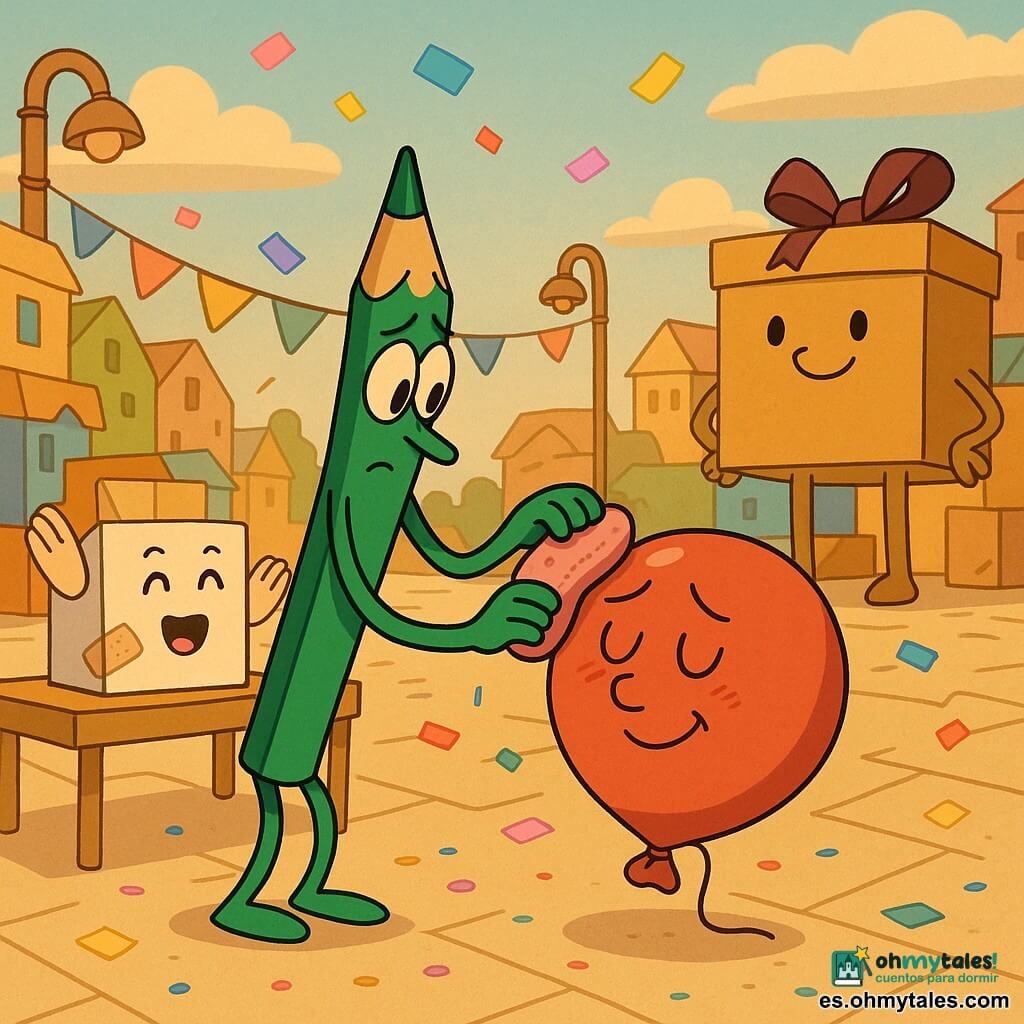 Un pequeño lápiz de color verde llamado Rizo, delgado y brillante, con cara tímida y concentrada, limpia con una esponja rosa un globo rojo arrugado llamado Bombo, que flota al lado con expresión aliviada y agradecida; a la izquierda, la caja-enfermera Caja-Tina, una caja de cartón blanca con curitas y sonrisa, aplaude desde una mesa, y al fondo a la derecha la alcaldesa Caja-Caja, una gran caja color miel con banda y pequeñas patas de cinta, observa orgullosa; la plaza del pueblo es un claro empedrado de papel rodeado de casas hechas de cajas apiladas, faroles de rollos de cartón y banderines, con confeti brillante y etiquetas de colores en el aire; escena tierna y absurda bajo un cielo pastel, colores vivos, texturas de papel y cartón muy visibles, composición centrada para ilustración infantil.
