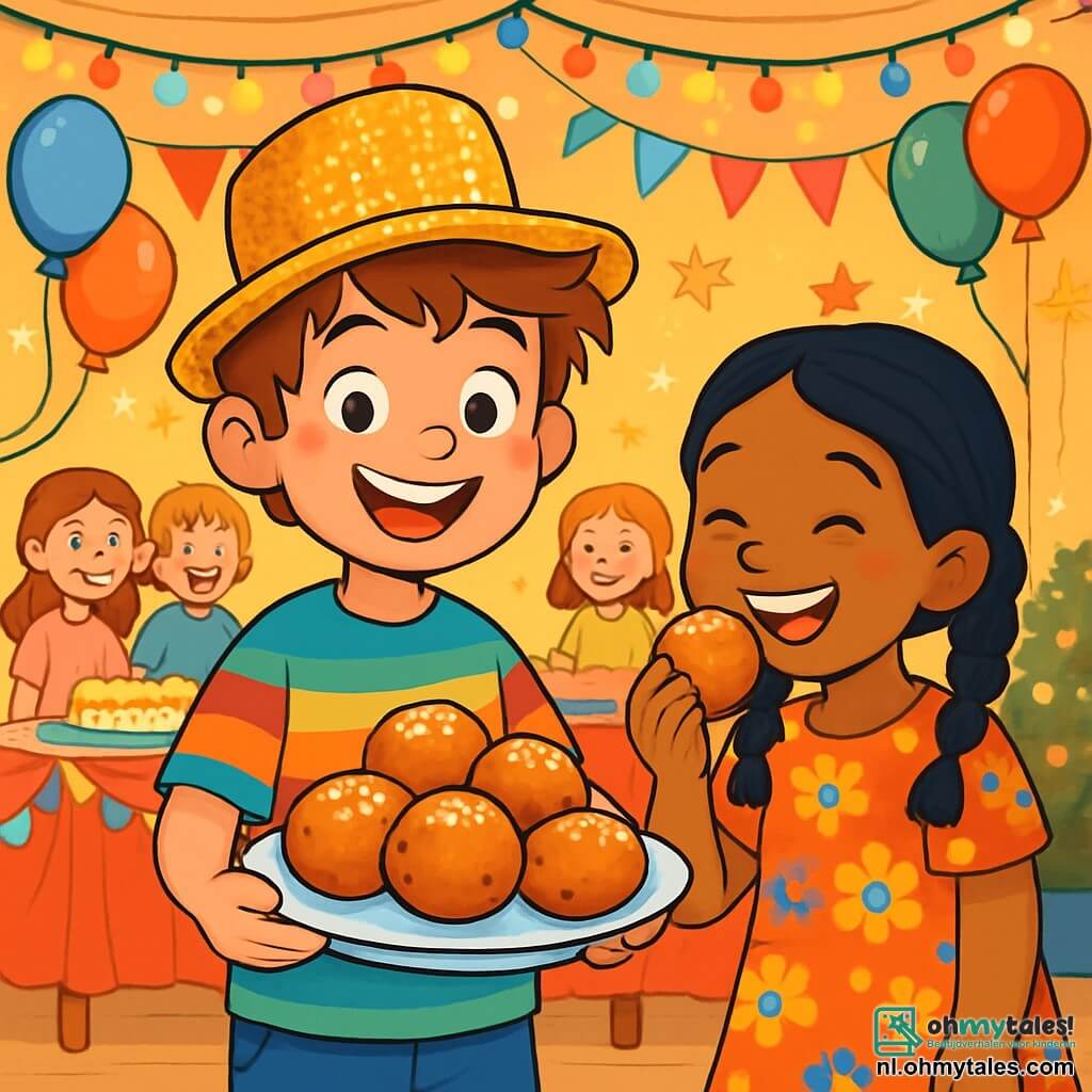 Een 8-jarig jongetje, genaamd Morris, met rommelig bruin haar en een stralende glimlach, draagt een glinsterende hoed en een kleurrijk shirt. Hij staat in het midden van het podium met een bord vol gouden oliebollen, zijn ogen sprankelend van vreugde en opwinding. Naast hem staat Samira, een 7-jarig meisje met zwarte vlechten en een bloemenjurk, die lacht terwijl ze een oliebollen pakt, met rozige wangen van de kou. Op de achtergrond staat een groep kinderen van verschillende leeftijden, allemaal glimlachend, rond een grote tafel versierd met slingers en kleurrijke ballonnen. De scène speelt zich af in een feestzaal, versierd met glinsterende decoraties, kleurrijke lichten en ster tekeningen op de muren. Tafels zijn volgeladen met lekkernijen, en de sfeer is gevuld met gelach en vreugde. Morris en Samira delen een gelukkig moment terwijl ze Oud en Nieuw vieren, omringd door hun vrienden, klaar om wensen te doen en van de heerlijke traktaties te genieten.