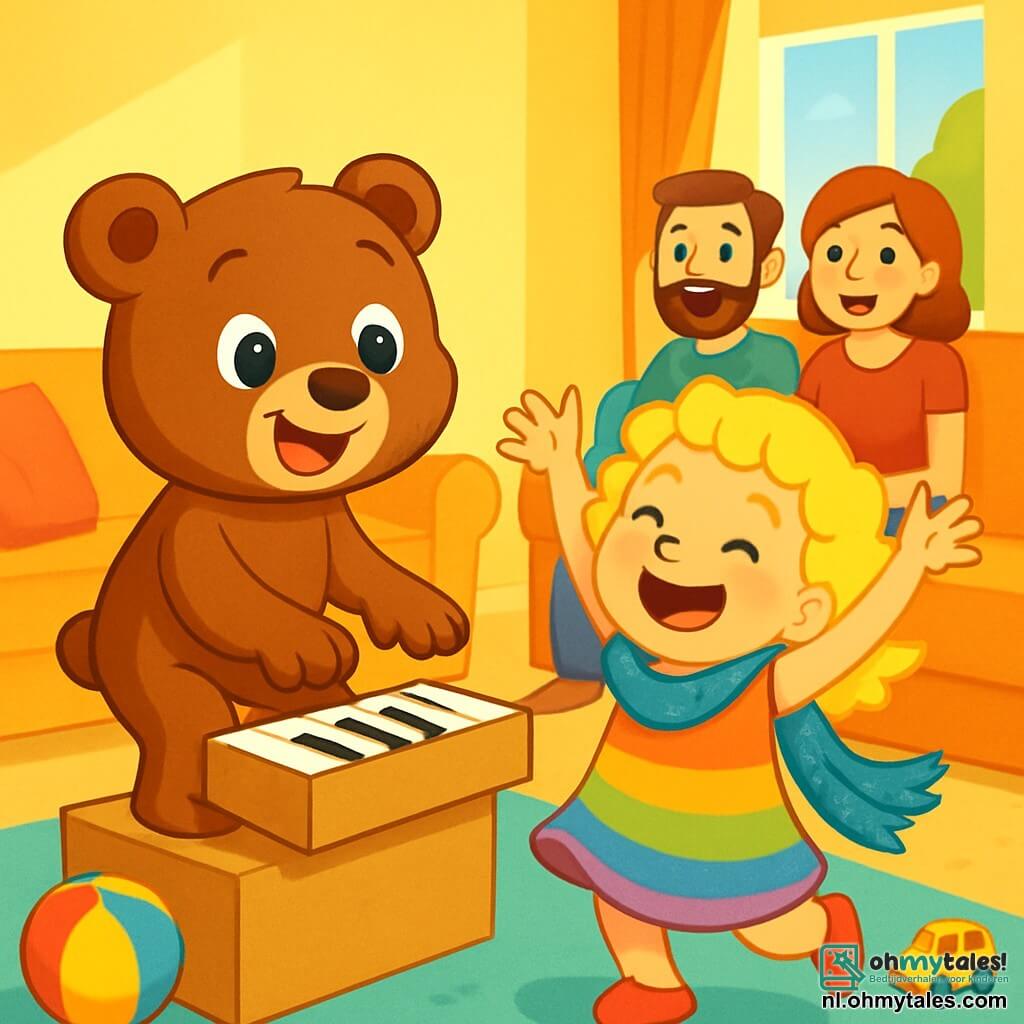 Een schattige bruine teddybeer genaamd Bram, met grote glanzende ogen en een vrolijke glimlach, staat op een kartonnen doos en speelt op een denkbeeldige piano met zijn pootjes. Naast hem staat zijn kleine zusje Puck, een meisje met krullend blond haar, in een kleurrijke jurk en een glinsterende sjaal, die luid lacht met haar armen in de lucht, klaar om te dansen. De setting is een gezellige woonkamer met pastelgele muren, zachte kussens op een bank en speelgoed verspreid over de vloer. Zacht licht valt door een raam en verlicht de vrolijke scène. Bram en Puck bereiden hun optreden voor, met blije en opgewonden gezichten, terwijl ze zich klaarmaken om hun ouders, die op de bank zitten met bewonderende glimlachen, te vermaken.