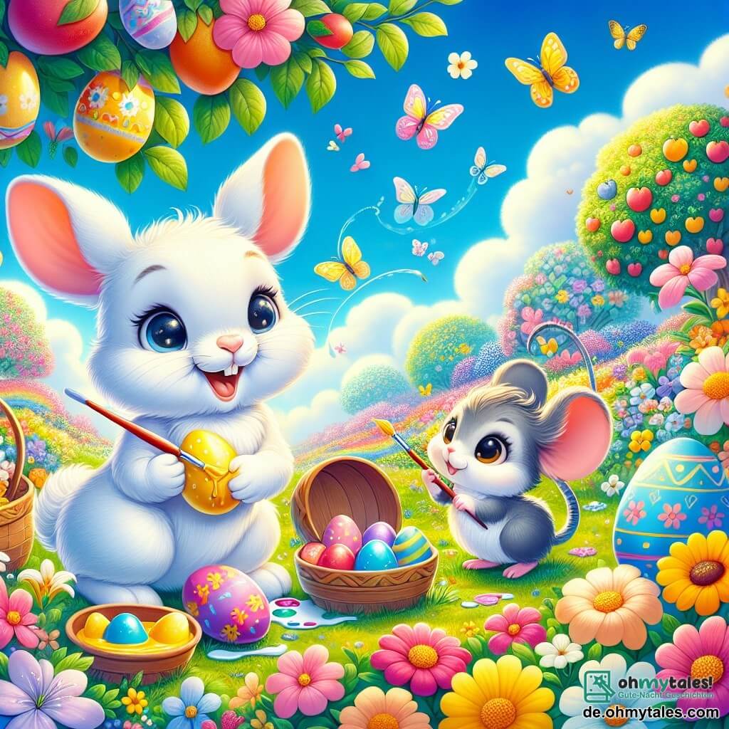 Hopsi, ein kleiner Hase mit großen Ohren und weichem, weißem Fell, malt im bunten Garten Ostereier. Er hat ein breites Lächeln im Gesicht, seine Augen funkeln vor Aufregung, während er gelbe Farbe auf ein glänzendes Ei aufträgt. Neben ihm beobachtet Mimmi, eine kleine Maus mit grauem Fell und lebhaften Augen, fasziniert und hält einen Pinsel in ihren kleinen Pfoten, bereit zu helfen. Der Garten ist voller leuchtender Blumen in allen Farben, mit Schmetterlingen, die umherfliegen, und einem großen Obstbaum im Hintergrund unter einem hellblauen Himmel. Die Szene strahlt eine fröhliche und festliche Atmosphäre aus, voller Magie und Freundschaft, während sie sich darauf vorbereiten, ein geheimnisvolles Ei zu entdecken, das zwischen den Blumen versteckt ist.