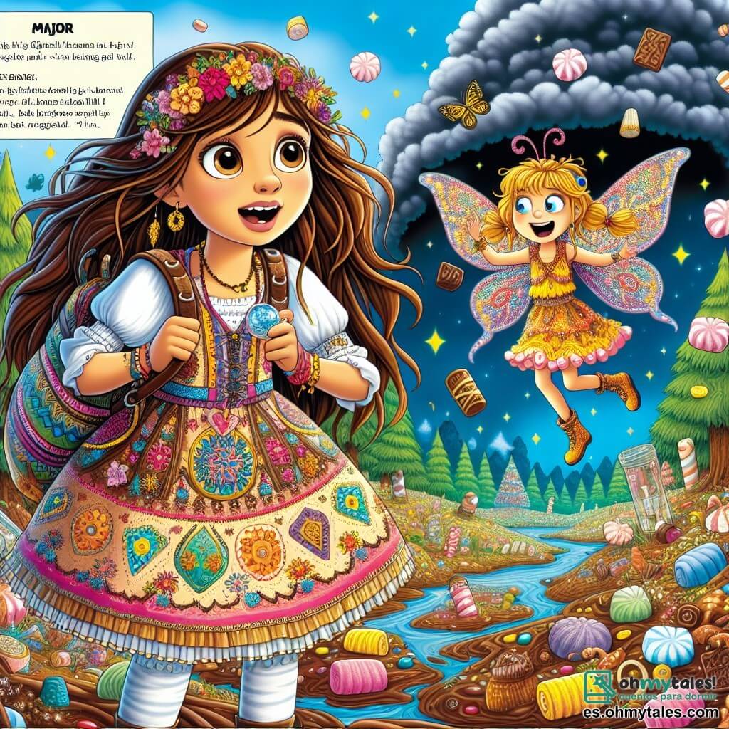 Una niña de 12 años, Lía, está en el centro de la escena, con largos cabellos castaños y ojos brillantes de curiosidad. Lleva un vestido colorido adornado con motivos florales y una gran mochila llena de tesoros. Su rostro expresa emoción y audacia, mientras sonríe sosteniendo una piedra brillante en sus manos. A su lado, un pequeño ser mágico, un hada con alas de mariposa, flota alegremente. Tiene cabello dorado y lleva un vestido hecho de pétalos de flores. Sonríe ampliamente, animando a Lía en su aventura. Al fondo, se extiende un paisaje fantástico: árboles con troncos de colores, ríos de chocolate que serpentean entre colinas de caramelos, y un cielo azul salpicado de nubes en forma de malvavisco. La situación principal muestra a Lía y al hada frente a una enorme nube oscura que truena, lista para lanzar rayos. Lía, decidida, se prepara para contar un chiste para hacer reír a la nube, mientras el hada la anima con gestos entusiastas.