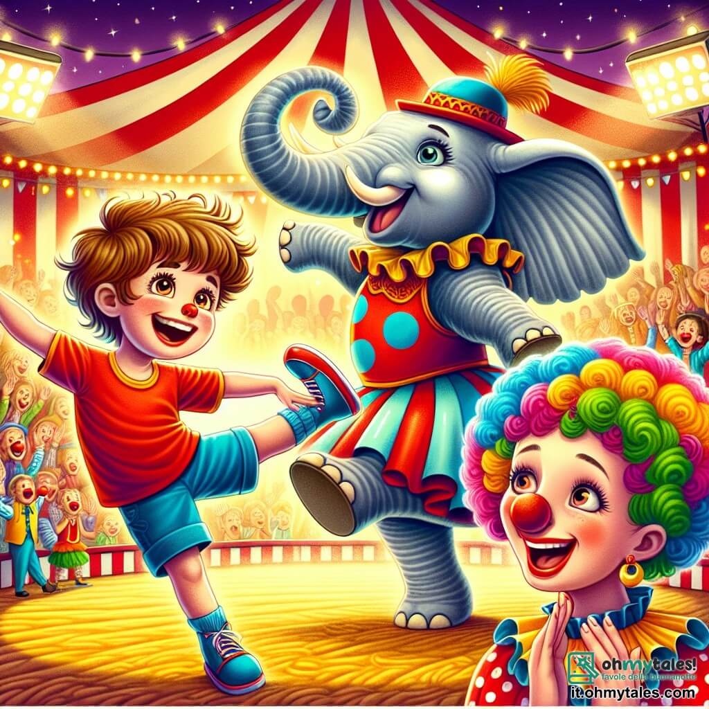 Un ragazzo di 8 anni, di nome Leo, con capelli castani arruffati e grandi occhi brillanti di eccitazione, balla felicemente accanto a un maestoso elefante grigio, Ella, che esegue un'elegante pirouette. Leo indossa una maglietta rossa vivace e pantaloni corti blu, con le braccia alzate, esprimendo la sua gioia contagiosa. Vicino a lui, una clown sorridente di circa 30 anni, con un naso rosso e capelli ricci multicolori, applaude con entusiasmo, indossando un costume colorato a pois. Lo sfondo è un circo scintillante, con una grande tenda a strisce rosse e bianche, luci brillanti e palloncini colorati che fluttuano nell'aria. Il pavimento è coperto di paglia e spettatori meravigliati si trovano intorno alla pista, applaudendo e ridendo. La scena principale mostra Leo che danza coraggiosamente e felicemente accanto a Ella, l'elefante ballerino, sotto gli applausi del pubblico, creando un momento magico e pieno di felicità nel cuore del circo.