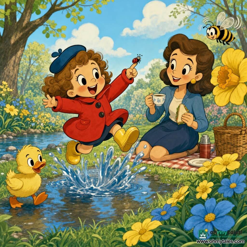 A joyful 2-year-old girl jumps into a large puddle with a big splash, wearing light brown curly hair, a bright red coat, yellow rubber boots and a small blue hat, rosy cheeks and sparkling eyes; to her right a smiling mother (~30) sits on a checkered blanket near a basket holding a cup of tea and a sandwich; to her left a small yellow duck walks at the pond’s edge watching the puddle, fluffy with orange feet; a tiny red ladybug with black spots crawls on the girl’s fingertip; a striped bee buzzes above a large yellow flower with translucent, blurred wings; the bright spring garden has wet green grass, yellow and blue flowers, trees with young leaves and a soft sky with fluffy white clouds; the scene is simple and warm with saturated colors, rounded outlines, exaggerated expressions and a retro cartoon, cozy atmosphere.