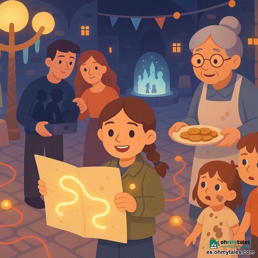 Lía, una niña de 10 años, sonriente y concentrada, cabello castaño en trenza y chaqueta caqui con un botón brillante, sostiene un cuaderno grande tipo pergamino abierto y muestra un dibujo de un camino luminoso; a su derecha, una abuela de ~70 años con cabello gris en moño y delantal manchado de tinta le ofrece un plato de galletas; a la izquierda, un joven matrimonio de ~28 años sostiene un maletín entreabierto del que emergen sombras en silueta; en primer plano a la derecha, Nico, un niño de ~8 años, toma de la mano a su hermana de ~5, cubierta de barro, y ambos miran el mapa asombrados; todo ocurre en una plaza subterránea empedrada con farolas arbóreas, estelas de piedra de tonos suaves, guirnaldas de lana amarilla y cintas azules, una fuente que proyecta imágenes en lugar de agua y muros de ladrillo con pequeñas ventanas brillantes; es de noche y, en un ambiente cálido de tonos pastel y sombras suaves, Lía explica con gestos una ruta en su cuaderno mientras hilos de lana y botones luminosos marcan pasajes secretos alrededor.