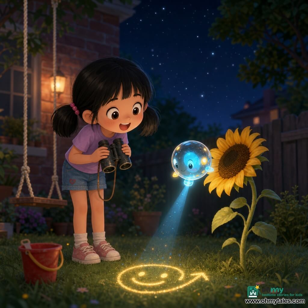 An 8-year-old girl with black pigtails and curious round eyes, holding old plastic binoculars and looking down, watches an apple-sized translucent extraterrestrial orb with a blue light inside float above a sunflower and project a thin beam that draws a smiling face and an arrow in the soil; a brave sunflower with bright yellow petals stands in the foreground to her right, a sand bucket and worn rope swing lie slightly blurred on the lawn to her left, and behind them a small garden, a brick building, a dark wooden fence and a deep starry night sky frame the scene; the girl, amazed and smiling, watches the orb blink blue and yellow in a soft, luminous, magical atmosphere.