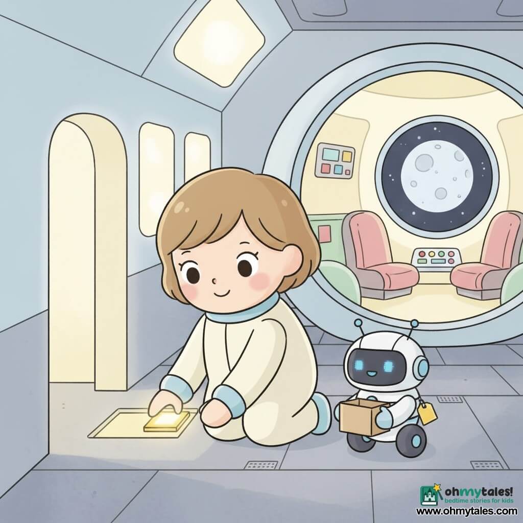 A calm, smiling adult woman with short brown hair in a light spacesuit carefully places a small glowing yellow tile while a small white-and-blue wheeled robot named Bee, blinking blue LED eyes and holding a box with a yellow tag, watches joyfully slightly in front to her right; the round ship Pip appears in the background with a bright interior, rounded seats, colorful buttons and a wide porthole showing the nearby Moon, all in a tender lunar docking-bay scene with rounded lighted walls and a corridor that lights as the tile is placed, in pastel colors, simple shapes and soft contours.