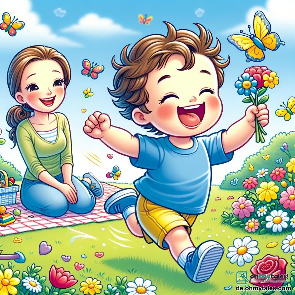 Ein zweijähriger Junge namens Max mit zerzausten braunen Haaren und großen, fröhlichen Augen läuft lachend in einem sonnigen Garten. Er trägt ein blaues T-Shirt und eine gelbe Shorts und hält eine bunte Blume in seiner kleinen Hand. In der Nähe sitzt seine Mama, eine etwa 30-jährige Frau mit braunen Haaren im Dutt, auf einer Picknickdecke und lächelt, während sie ihrem Sohn beim Spielen zusieht. Der Garten ist voller leuchtender Blumen: rote Rosen, gelbe Tulpen und weiße Gänseblümchen, während bunte Schmetterlinge umherfliegen. Der Himmel ist hellblau mit ein paar fluffigen Wolken. Max versucht, einen schönen Schmetterling zu fangen, während Kinderlachen in der Frühlingsluft erklingt.