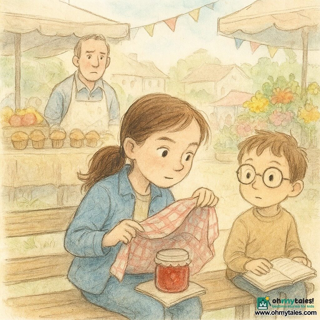 A young girl, Maya, with brown hair tied in a ponytail, wears a blue jacket and holds a small open notebook. She has a focused and curious look, attentively observing her surroundings. Next to her, a six-year-old boy, Eli, with large round glasses and an open book on his lap, calmly watches the scene. He is sitting on a wooden bench beside Maya. In the background, a man in his fifties, Mr. Pine, with salt-and-pepper hair and a flour-covered apron, stands behind a muffin stand, looking slightly worried. The Sunnybrook market is lively, with colorful fruit and flower stalls, and strings of pennants floating above. The main situation shows Maya discovering the missing jar of jam under a cloth, with a look of satisfaction and relief, while the other characters watch attentively.