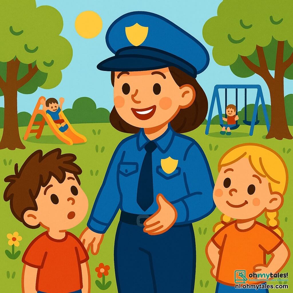 Een glimlachende politieagente, mevrouw Lotte, staat in het midden van het park in een heldere blauwe uniform met een mooie pet. Ze heeft sprankelende ogen en een brede glimlach die haar gezicht verlicht. Ze houdt een klein bordje vast met de tekst "Welkom" in felle kleuren. Naast haar kijkt een jongetje van ongeveer 5 jaar met bruin, wild haar vol verwondering. Hij draagt een rood t-shirt en een blauwe short en steekt zijn hand op om een vraag te stellen, zijn gezicht straalt nieuwsgierigheid uit. Iets verderop observeert een meisje van 4 jaar met blonde vlechten en een bloemenjurk aandachtig. Ze houdt een speelgoed politieauto vast en glimlacht, blij om te leren. Het park is groen met loofbomen en kleurrijke bloemen die dansen in de bries. Kinderen spelen op het gras en een grote blauwe lucht strekt zich boven hen uit, met enkele donzige witte wolken. De hoofdscène toont mevrouw Lotte die de kinderen uitlegt wat een politieagent doet, omringd door lachende en vragende kinderen, wat een vrolijke en educatieve sfeer creëert.