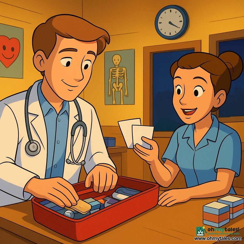 Dr. Milo, about 30, with a gentle face and steady hands, smiles slightly as he looks at his open medical bag; wearing a light coat over a shirt and a silver stethoscope, he rests a hand on a dressing kit. Nurse Rina, about 28, hair in a bun with a kind expression, sits behind the counter and animatedly hands three paper notes to Milo. In a small neighborhood clinic at night with warm yellow light and simple medical posters on the walls, Milo calmly prepares his tools and listens to Rina; the mood is quiet but attentive, a brief moment of preparation before helping someone.