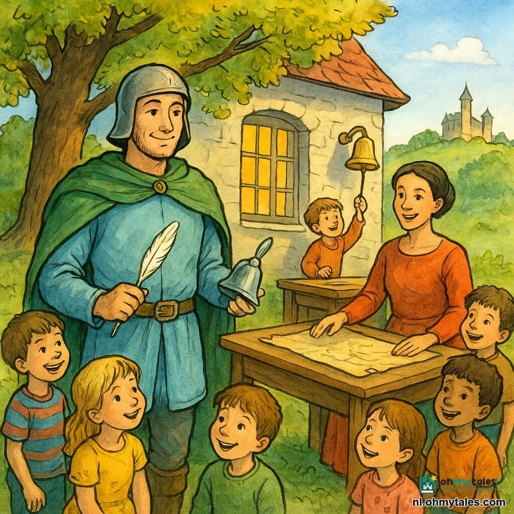 De hoofdfiguur is ridder Floris, vriendelijk en vastberaden, glimlachend met rustige ogen, helm op de schouder, lichtblauwe tuniek en groene mantel, staand bij een houten bankje met een kleine zilveren bel in de ene hand en een witte ganzenveer in de andere; rechts van hem Tijn, een ongeveer 9‑jarige jongen met lichtbruin warrig haar, lachend terwijl hij een belletje aan de ingang van de kleine school hangt. Achter Floris rolt dame Mira (circa 40), elegant met opgestoken haar en eenvoudige gekleurde jurk, trots een oude perkamentkaart uit op een tafel; meerdere kinderen (5–10 jaar) vormen een kleurrijke, aandachtige en vrolijke groep rond het bankje, sommigen zittend, anderen staand. De school is een lichte stenen gebouwtje onder een grote appelboom, ruitjesvensters laten gouden licht binnen, in de verte een kasteel op een heuvel; het is de inhuldiging van de eerste les, warme en vreedzame sfeer, de ridder toont bel, kaart, veer en steen als schatten terwijl de kinderen verwonderd toekijken en de bel zachtjes tintelt.