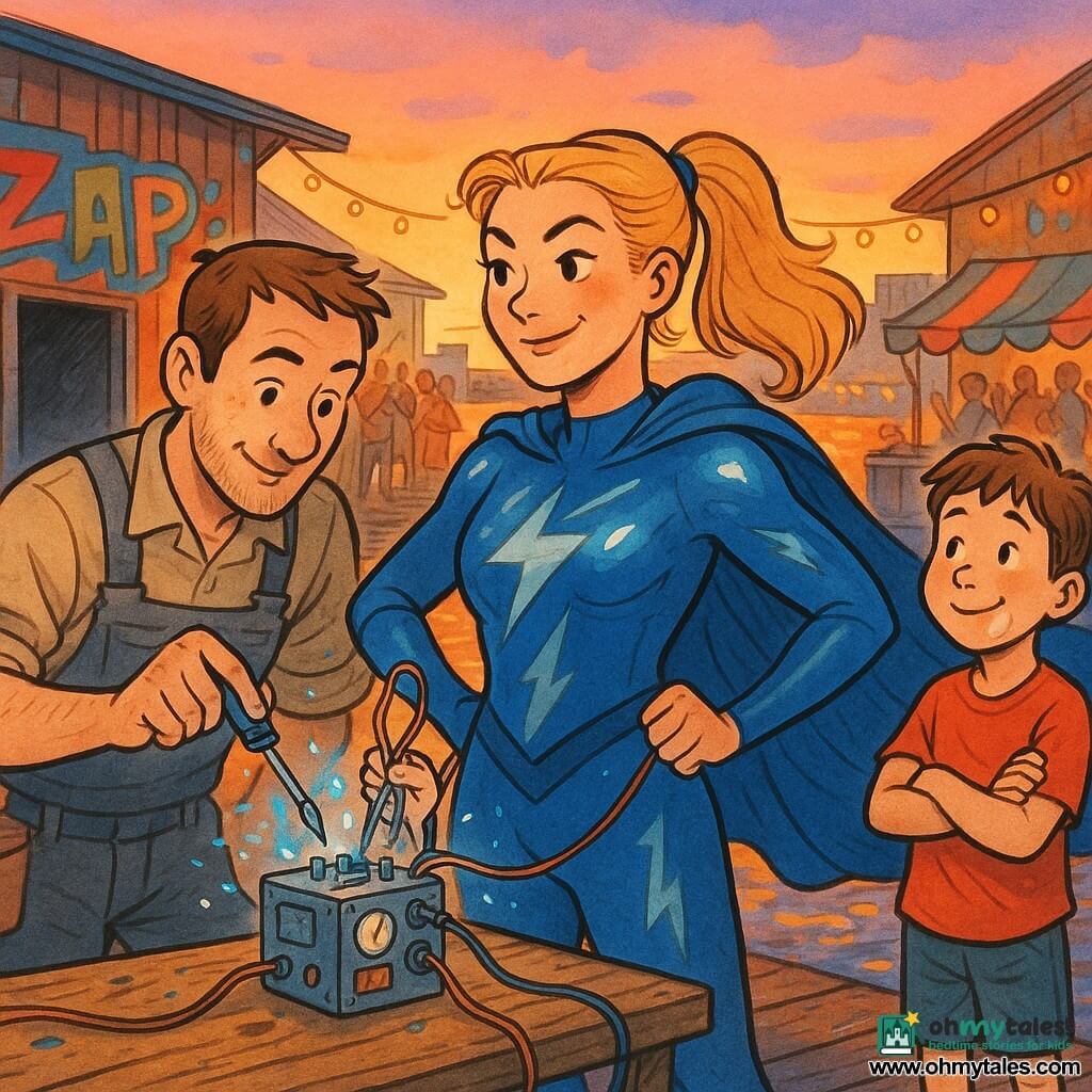 Female heroine, about 20–30, confident smile and determined gaze, electric-blue cape, blonde ponytail, shiny costume with silver lightning; she holds wires and inspects a small sparkling machine in a dynamic pose, courageous and joyful; man (Max), about 30–40, friendly face, short brown hair, technician outfit with tool pocket, adjusts a hi‑tech screwdriver to the left of the heroine, focused and cooperative; boy, about 6–8, ice-cream-smudged face, red T-shirt, admiring, standing slightly back right on the dock with hands clasped, awed; setting: busy docks at sunset with wet wooden planks, colorful stalls, vivid graffiti on warehouses, hanging lights and orange reflections on the water, small open hangar door revealing a dark dusty interior; main scene: repairing a strange machine that had been sparking, delicate blue sparks float around as the heroine and Max work together with precise gestures in a warm, heroic atmosphere while a calm crowd applauds softly in the background.
