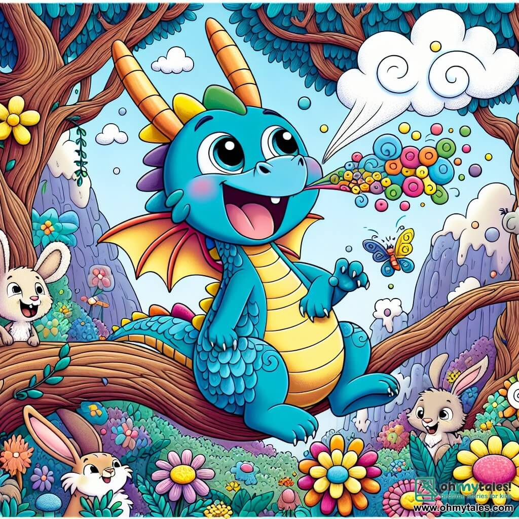 A little dragon named Spark, with shiny colorful scales, is laughing heartily, his eyes sparkling with mischief. He is perched on a tree branch, his delicate wings spread, ready to take off. Next to him, Benny the rabbit, with big ears and soft fluffy fur, is jumping for joy, a big smile on his face. He is just below Spark, raising his front paws in the air, full of enthusiasm. The setting is an enchanted forest filled with twisted tree trunks, multicolored flowers dancing in the wind, and a blue sky dotted with candy-shaped clouds. The main scene shows Spark, after trying to fly, accidentally creating a cloud of colorful smoke by sneezing, while Benny claps and laughs, surrounded by other amused animals watching the scene in wonder.