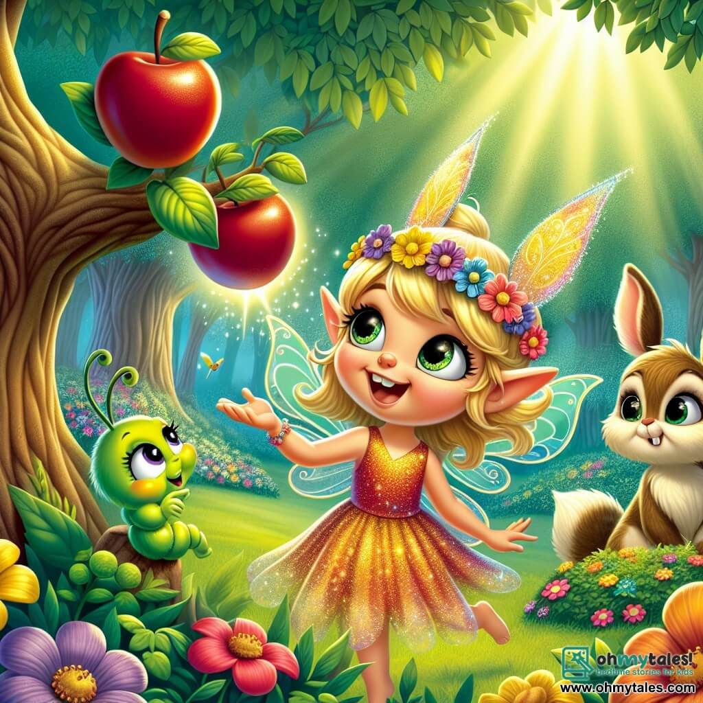 An illustration depicts a small fairy with sparkling wings, a joyful face, and mischievous sparkling eyes. She has golden hair floating around her and wears a dress made of colorful flower petals. She is reaching out toward a large juicy fruit on a bush, looking both curious and a bit guilty. Next to her, a small rabbit with large ears and soft brown fur watches the scene with round, worried eyes, seeming hesitant as if afraid of the consequences. A little further away, a green caterpillar with delicate antennae looks at the fairy with a shy but interested expression, wriggling on a leaf. The main setting is an enchanted glade in the heart of the forest, surrounded by majestic trees with thick trunks, their leaves forming a green canopy. Brightly colored flowers dot the ground, and a soft ray of sunlight filters through the branches, illuminating the scene with a golden light. The main situation shows the fairy deciding to pick a fruit without asking for permission, while her friends hesitate, aware that it could cause trouble. Colorful berries hang from the bush, sparkling like jewels, while a gentle breeze makes the leaves dance around them, adding a touch of magic to the atmosphere.