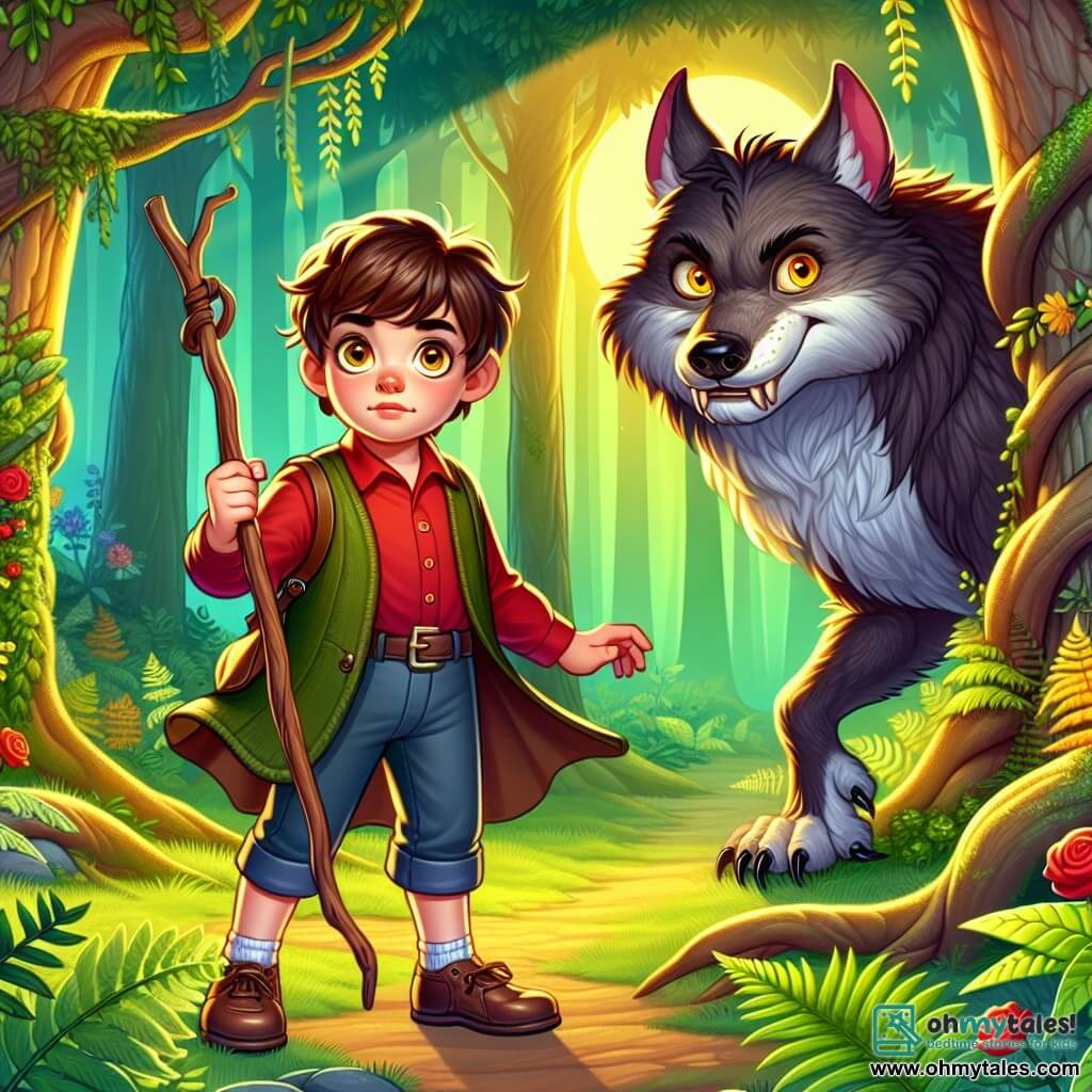 A 12-year-old boy named Oliver stands at the center of the scene, with messy brown hair and sparkling curious eyes. His face shows brave determination as he brandishes a wooden stick, ready to face the unknown. To his right, the Big Bad Wolf, an imposing creature with dark gray fur and bright yellow eyes, stands with a sly smile, revealing sharp teeth. He is slightly taller than Oliver, leaning towards him in an intriguing posture. The setting is an enchanted forest, where tall, gnarled trees rise towards a deep green sky, filtering golden rays of light through the leaves. Lush ferns and colorful flowers cover the ground, creating a magical and mysterious atmosphere. The main situation shows Oliver and the wolf engaged in a guessing game, with palpable tension in the air. Oliver, with his stick raised, appears both brave and a bit anxious, while the wolf, with his mischievous smile, poses a riddle, making the moment captivating and full of suspense.