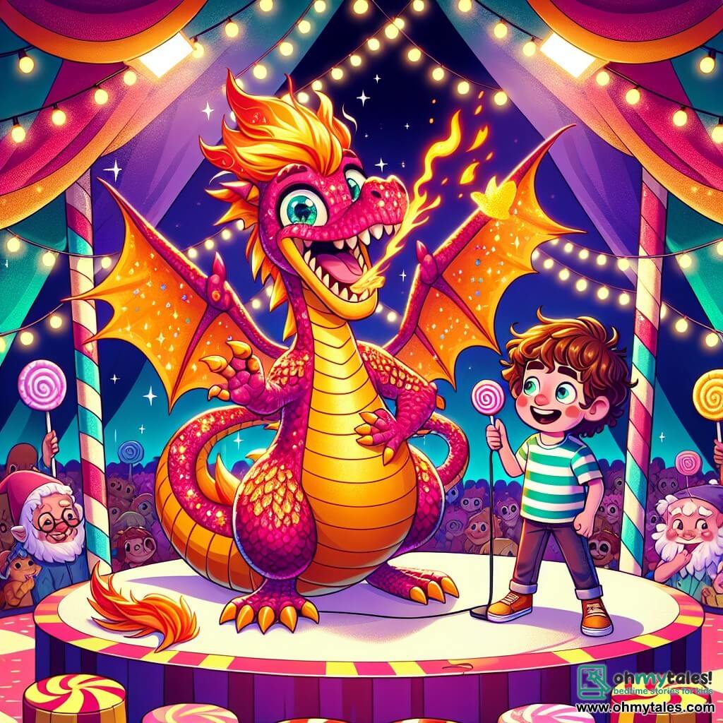 A flamboyant dragon with shimmering scales of all colors, named Dazzle, joyfully stands on a candy-shaped stage, wearing a big smile and sparkling mischievous eyes. He spreads his bright wings, ready to tell a joke, while a burst of laughter escapes his mouth. Next to him is an 8-year-old boy named Benny, with curly hair and a striped t-shirt, excitedly looking at the audience while holding a lollipop-shaped microphone. The backdrop is a large candy cane tent filled with funny creatures: laughing gnomes and amused chipmunks, all sitting on marshmallow cushions. The scene is illuminated by twinkling light garlands, and the air is filled with the sweet smell of candy. The main situation shows Dazzle and Benny preparing for their joke contest performance, surrounded by an enthusiastic audience eagerly awaiting to laugh at their hilarious stories.