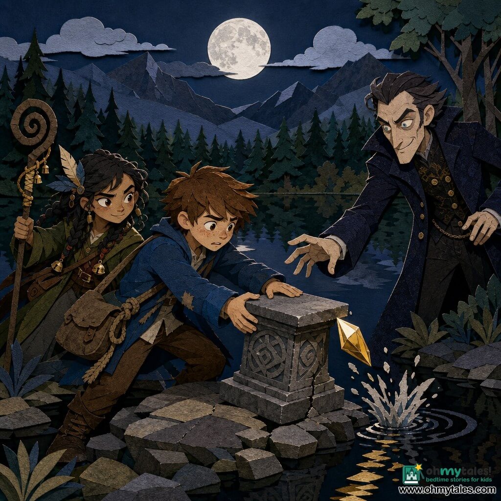 A determined, slightly anxious 12-year-old boy, Milo, with a round face and tousled chestnut hair, wearing a worn blue jacket and satchel, holds a knotted rope and gently pushes a small pedestal toward a mirrored black lake; a similarly aged girl, Lark, with dark braided hair decorated with feathers and bells, a mischievous focused expression and an olive coat, stands beside him holding a spiral staff ready to act; an adult man, Silas, tall and slender in a dark velvet coat with a too-smooth smile, pale eyes and a menacing posture, advances from the trees toward the shore, reaching for a small crystal as it slips from the pedestal and tips toward the water, causing a light splash—clear tension, sharp contrasted movements, a moonlit nocturnal adventure; visual style: layered cut-paper textures, crisp outlines, contrasting colors (midnight blues, deep greens, silvery moonlight, gold highlights for the crystal), stylized shadows and collage details (paper fibers, torn edges) for a warm handcrafted look.