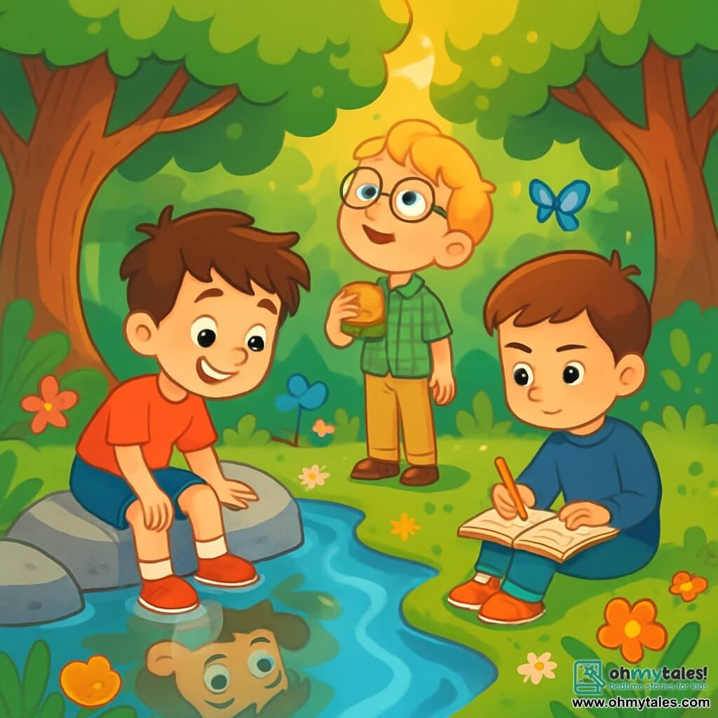 There are 3 characters: Leo, a 7-year-old boy with messy brown hair and sparkling curious eyes, wearing a red t-shirt and blue shorts, sitting on a stone by the river, smiling at his reflection. Max, a 6-year-old boy with blonde hair and round glasses, dressed in a green plaid shirt and beige pants, stands near Leo holding a sandwich and gazing at the sky in wonder. Sam, a 7-year-old boy with brown hair and a serious face, wearing a navy blue sweater and jeans, sits on the grass with a sketchbook on his lap, drawing the surrounding landscape. The scene takes place in a beautiful enchanted forest with majestic trees, a sparkling stream winding between rocks, and colorful flowers creating a vibrant tableau. The main situation shows the three friends by the river, contemplating their reflections in the clear water, joyfully discussing the meaning of life amidst the beauty of nature, with birds singing and butterflies fluttering around them.
