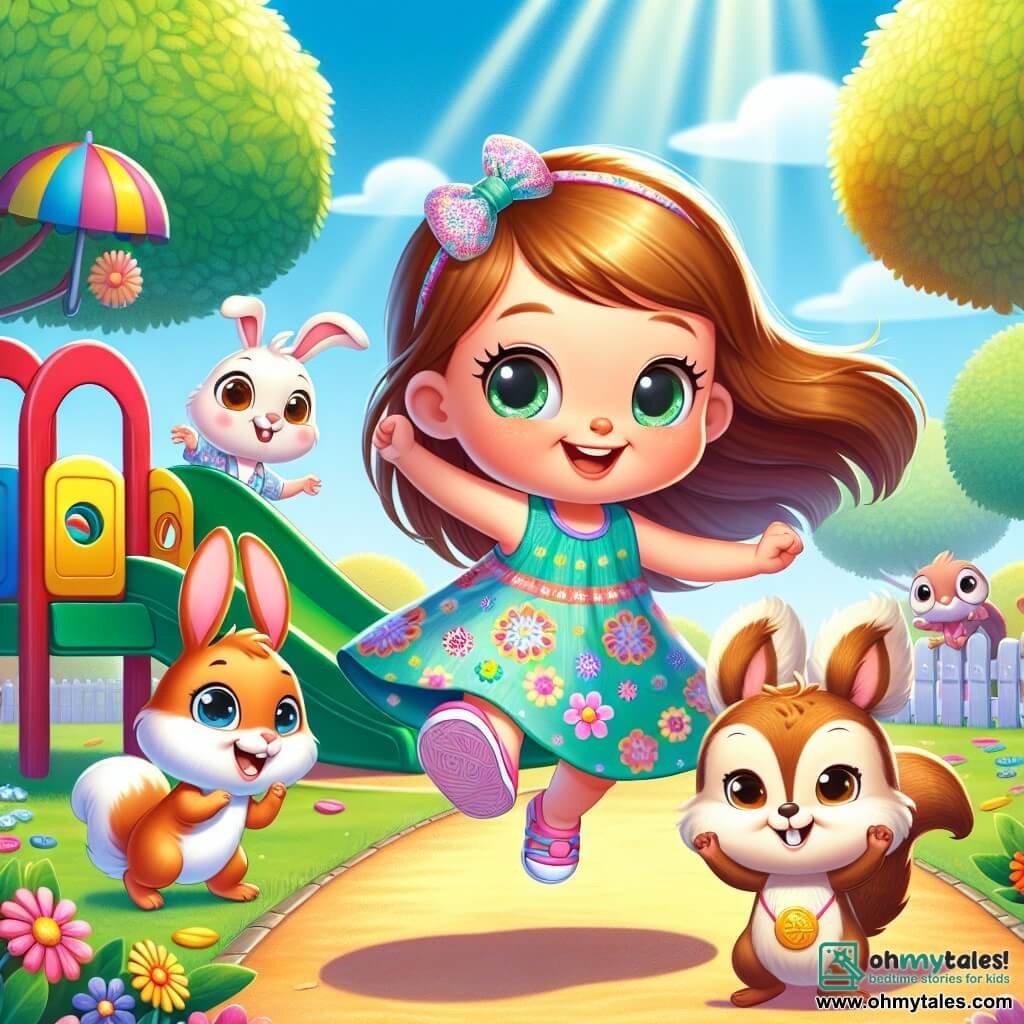 A 6-year-old girl named Lily, with long brown hair and sparkling eyes, dances with a big smile on her face. She wears a colorful dress with flower patterns and pink sandals. Next to her, a 6-year-old boy, Benny, a rabbit with big ears and white fur, jumps joyfully, his eyes shining with excitement. Another character, Sally, a mischievous squirrel with a bushy tail and playful eyes, spins around with her little paws in the air. Timmy, a small turtle with a green shell and gentle eyes, watches them smiling, a bit withdrawn but happy to see them having fun. The scene takes place in a sunny park with large green-leaved trees, a clear blue sky, and colorful flowers lining the path. In the center, a large colorful slide stands, and children's laughter fills the air. The main situation shows Lily and her friends joyfully dancing around the slide, celebrating their treasure hunt, with bursts of laughter and a festive atmosphere as they discover a box full of surprises under the slide.