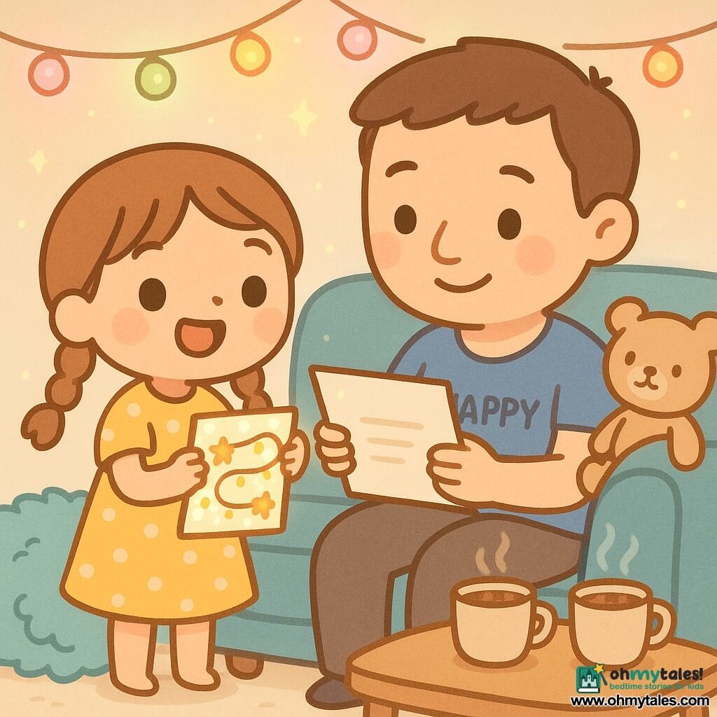 An 8-year-old girl, joyful and proud, with light-brown hair in two braids, bright round eyes and a small yellow polka-dot dress holds a glittered letter and a string of lights as she offers the letter to her father—about 35–40 years old, with a tender smile and a blue T-shirt with a funny slogan—who sits to her right on a large blue sofa reading it emotionally; a beige teddy rests on the sofa arm, steaming mugs of hot chocolate sit on a small wooden table, and the cozy room, with a turquoise fluffy throw and multicolored garlands, is lit by pink, green and yellow lights creating a warm, sparkling atmosphere.