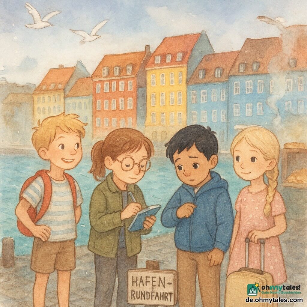 Vier Kinder, alle 8 Jahre: Mila, helle kastanienbraune Zöpfe zu einem Pferdeschwanz gebunden, kleine runde Brille, khakijacke, hält ein blaues Notizbuch und schreibt (links von der Mitte); Jonah, blonder zerzauster Haarschnitt, breites Lächeln, gestreifte kurze Hose, roter Rucksack, schaut links von Mila zum Meer; Emre, schwarzes Haar, olivfarbene Haut, besorgter Ausdruck, blaue Jacke, durchsucht rechts von Mila seine rechte Tasche nach einem verlorenen Fahrkarte; Lotte, platinblonde Zöpfe, gepunktetes Kleid, ruhiges Lächeln, beige Rollkoffer, ganz rechts und beobachtet die anderen; Ort: Nyhavn-Quai mit bunten Häusern im Hintergrund (gelb, rot, blau), schimmernd-türkises Wasser, nasse Kopfsteinpflaster, weiße Möwen im Flug und ein Schild «Hafenrundfahrt – 10:30» am Pfosten; Situation: die Kinder warten am Anleger am frühen Morgen, weiches Licht, Duft von warmem Gebäck vom Bäcker rechts, leichte Anspannung, aber sichtbare Hoffnung in ihren Gesichtern.