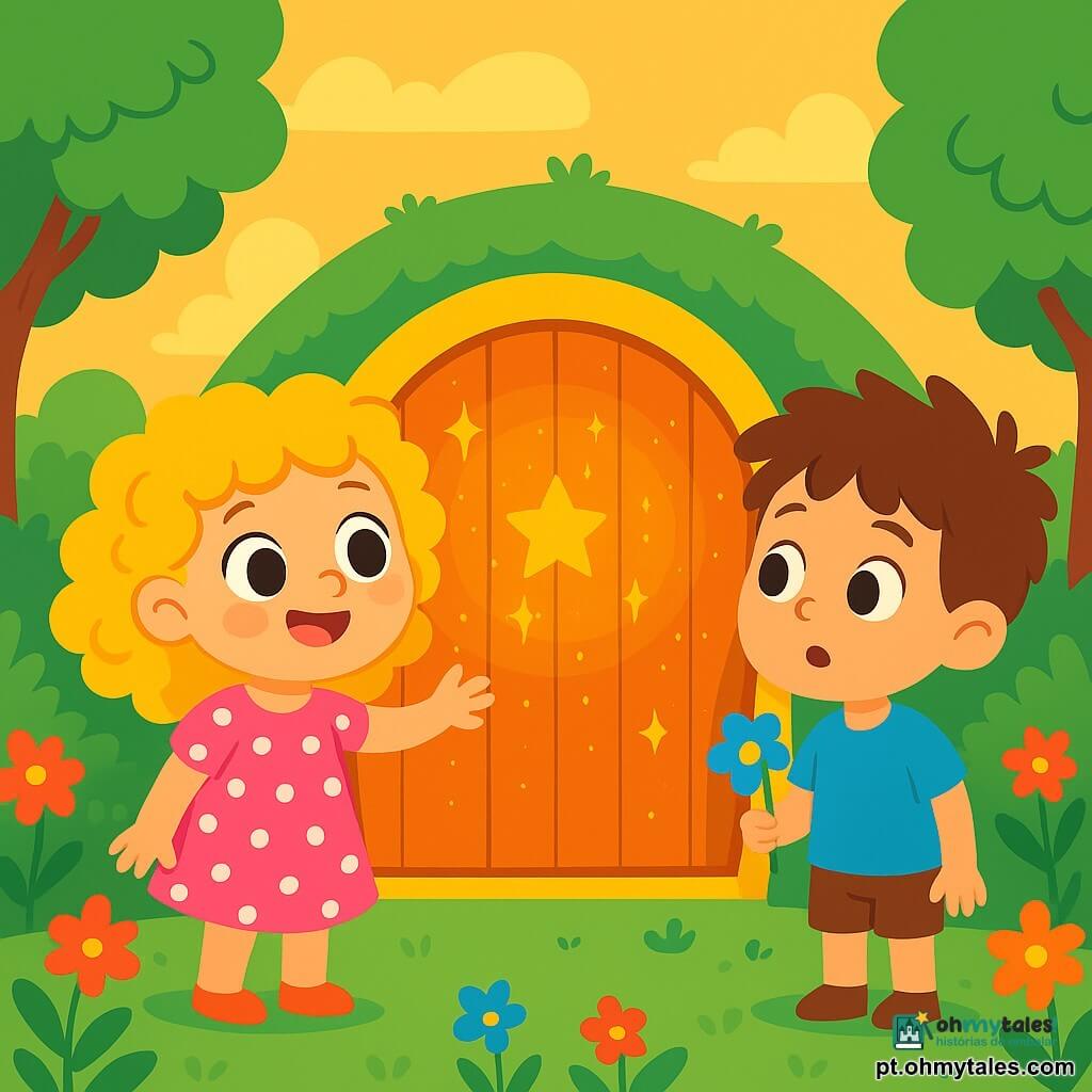 Uma menina de 4 anos, com cabelos cacheados e dourados, e grandes olhos maravilhados, está em frente a uma porta redonda cintilante em seu jardim. Ela usa um vestido rosa com bolinhas brancas e tem um sorriso alegre no rosto, cheia de curiosidade e empolgação. Ao lado dela, um menino de 5 anos, com cabelos castanhos bagunçados e uma camiseta azul, observa a porta com um olhar intrigado. Ele segura uma flor azul na mão, pronto para oferecê-la à menina. O jardim está repleto de flores coloridas e árvores verdes, iluminado pela luz dourada do sol poente. A porta, adornada com padrões estrelados, parece vibrar com uma magia suave e misteriosa. A cena principal mostra a menina e o menino, prontos para entrar no corredor do tempo, com os olhos brilhando de aventura, enquanto a porta se abre lentamente, revelando um mundo colorido e encantador por dentro.