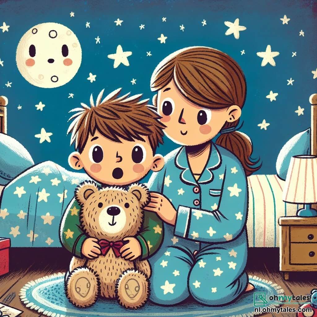 Een jongetje van 2 jaar, met rommelig bruin haar en grote nieuwsgierige ogen, zit op zijn bed. Hij heeft een bezorgde uitdrukking op zijn gezicht en houdt stevig zijn zachte teddybeer, Benny, vast, die een beige knuffelbeer is met een klein rood strikje om zijn nek. Zijn moeder, een vrouw van ongeveer dertig met lang kastanjebruin haar, staat naast hem, glimlachend en troostend, terwijl ze zachtjes met hem praat. Ze draagt een blauwe pyjama met witte sterren en leunt naar hem toe, klaar om hem een verhaal te vertellen. De scène speelt zich af in een warme kinderkamer, met lichtblauwe muren, sterren- en maanstickers, en een nachtlampje dat zacht licht uitstraalt. Een fluffy tapijt ligt op de vloer en speelgoed ligt verspreid om hen heen. Het jongetje, een beetje bang voor de duisternis, maakt zich klaar om naar zijn moeder te luisteren die hem over de maan vertelt, terwijl hij Benny tegen zich aanhoudt en troost vindt in zijn aanwezigheid.