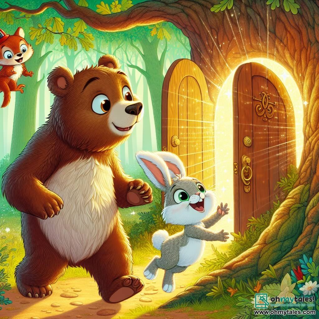 A brown bear, with soft fur and sparkling curious eyes, stands in the center of the image, wide-eyed in surprise and wonder as it discovers a shimmering door hidden behind a large oak tree. Beside it, a rabbit with large ears, white fur, and mischievous eyes hops joyfully, its smile lighting up its face, while a red-furred squirrel, wearing a small cap, climbs a branch, laughing and pointing at the mysterious door. In the background, a lush forest bathed in golden light, with sun rays filtering through the leaves, creates a magical and enchanting atmosphere. The scene depicts the moment when friends discover the magical door that will lead them on adventures through time, filled with excitement and mystery.